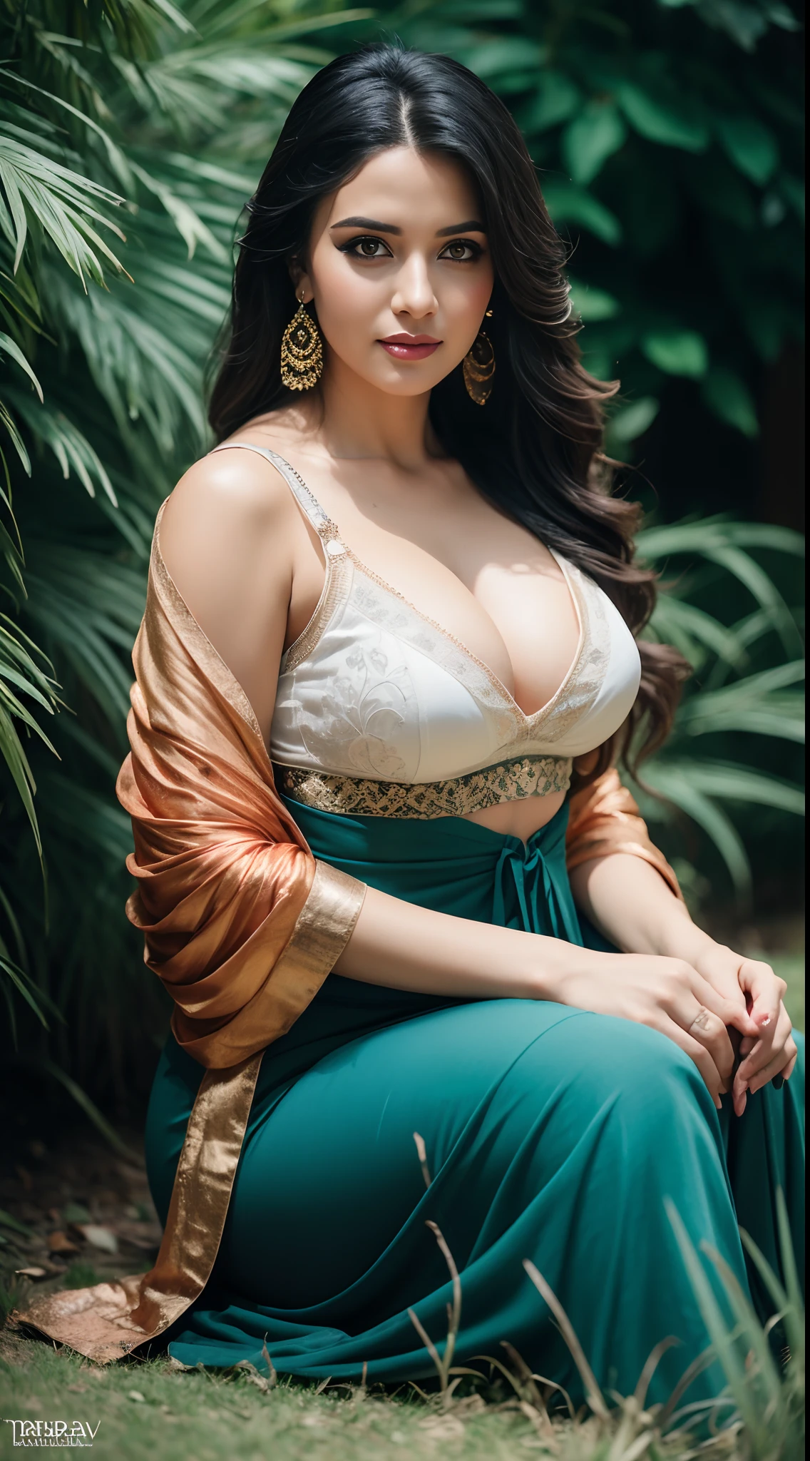 Portrait of A confident-looking indian princess from kamasutra with long flowing hair, hazel eyes, without flowing capes, Cleopatra fabric with laces, c-cup breasts, sitting in grass, water background, bokeh, perfect composition, hyperrealistic, super detailed, 8k, high quality, trending art, trending on artstation, sharp focus, studio photo, intricate details, highly detailed, art by greg rutkowski