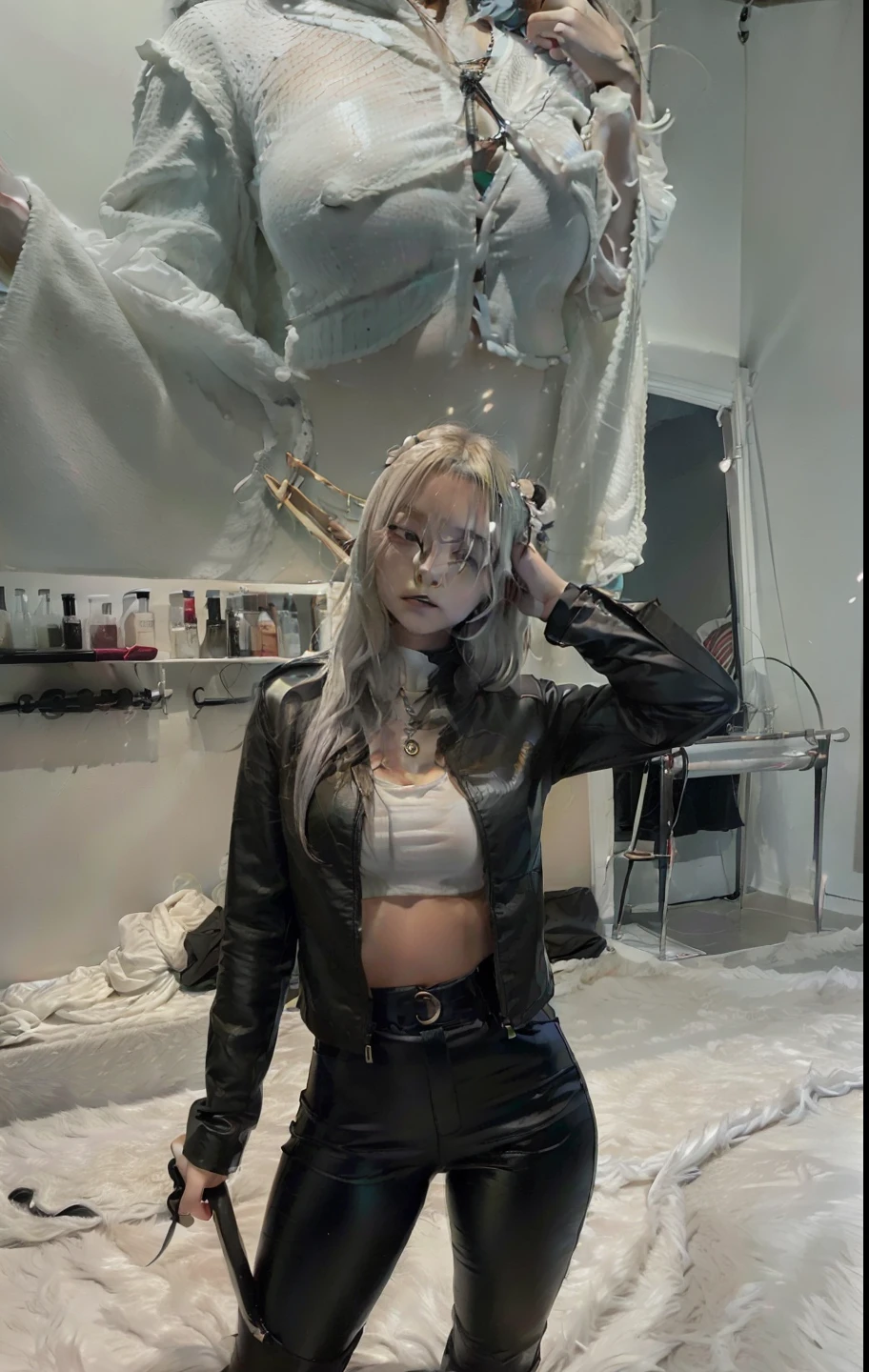 1girl,white crop top,long black jacket,carrying a katana on his back,silver hair,hair tied,realistic,ultra detail,