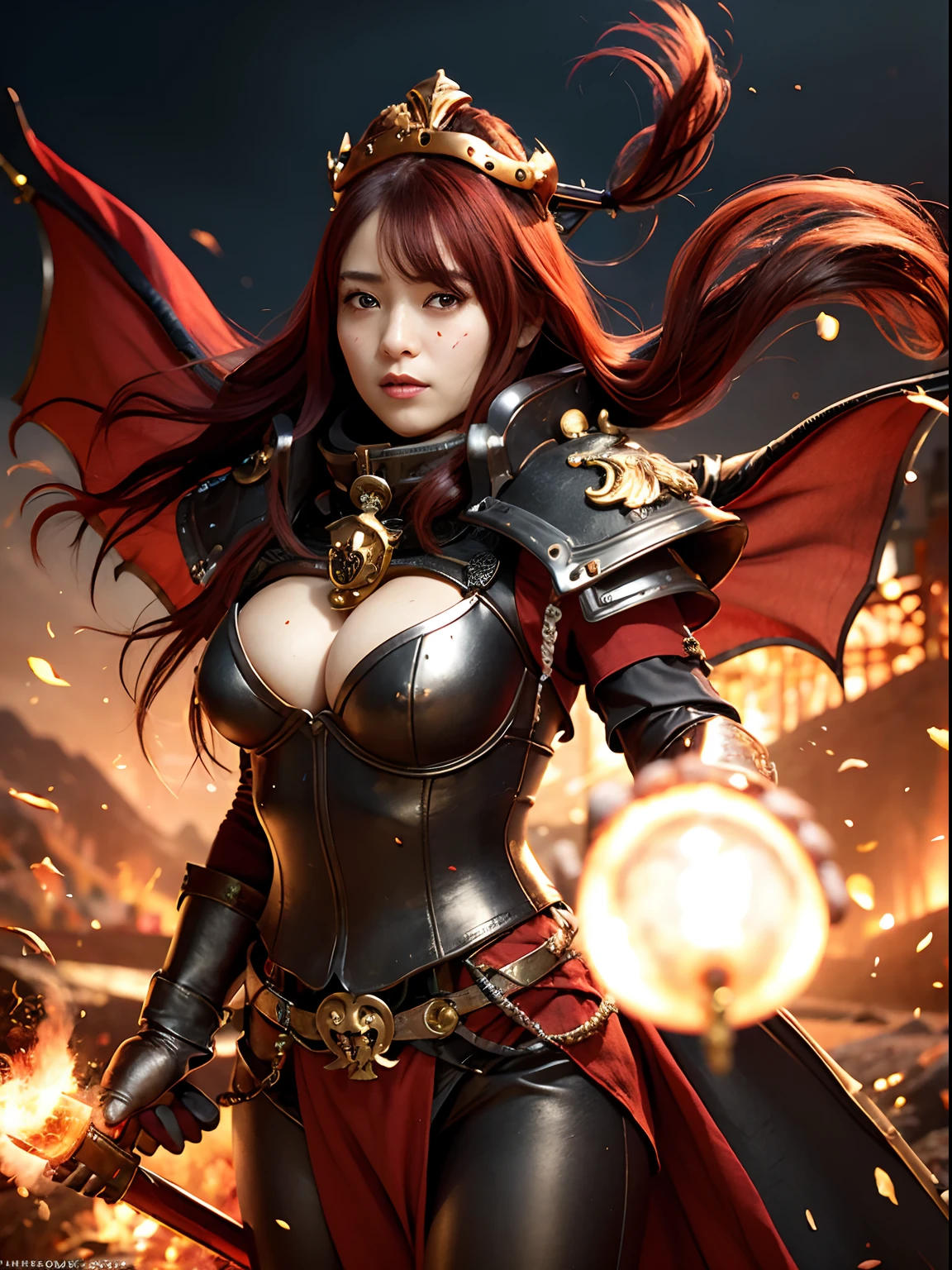 (Bleeding from the head), Professional , masterpiece、top-quality、photos realistic , depth of fields (Gemstone Black Metal Body:1.4),(Matte Black、Toostock、(cleavage of the breast)、((Random Hairstyles 1.5),Dark Fantasy,)explosions、intense fighting、Blood on the face,Blood Rain,Blood fog(blood splattere:1.9),Dragon Gold Weapon,Mystical expression、Particles of light、Fight dragons、(Dragon Metal Body:1.4),Gorgeous Silver Weapons ,(( Dragon's dense and gorgeous sword)) , Beautiful knife ,warhammer 40k , adepta sororitas,Detail and gorgeous crown、((Red hair))、(Castle background)、、((Gangle's forest background))、Beautiful Caucasian beauty、1a person、dynamic ungle,(((Detailed and ornate Black Devil Crown)))、Smaller head、A smile、Castle background、Thin and beautiful female hands、cleavage of the breast、Soldier in iron armor on background、Mystical expression、Light Effects、intense fighting、Wind-effect、magic circles、With the legendary magic wand、(demonic wings)、