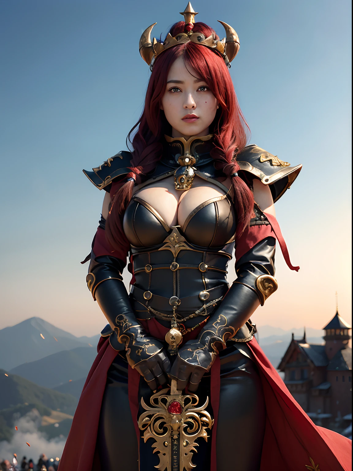 (Bleeding from the head), Professional , masterpiece、top-quality、photos realistic , depth of fields (Gemstone Black Metal Body:1.4),(Matte Black、Toostock、(cleavage of the breast)、((Random Hairstyles 1.5),Dark Fantasy,)explosions、intense fighting、Blood on the face,Blood Rain,Blood fog(blood splattere:1.9),Dragon Gold Weapon,Mystical expression、Particles of light、Fight dragons、(Dragon Metal Body:1.4),Gorgeous Silver Weapons ,(( Dragon's dense and gorgeous sword)) , Beautiful knife ,warhammer 40k , adepta sororitas,Detail and gorgeous crown、((Red hair))、(Castle background)、、((Gangle's forest background))、Beautiful Caucasian beauty、1a person、dynamic ungle,(((Detailed and ornate Black Devil Crown)))、Smaller head、A smile、Castle background、Thin and beautiful female hands、cleavage of the breast、Soldier in iron armor on background、Mystical expression、Light Effects、intense fighting、Wind-effect、magic circles、With the legendary magic wand、(demonic wings)、