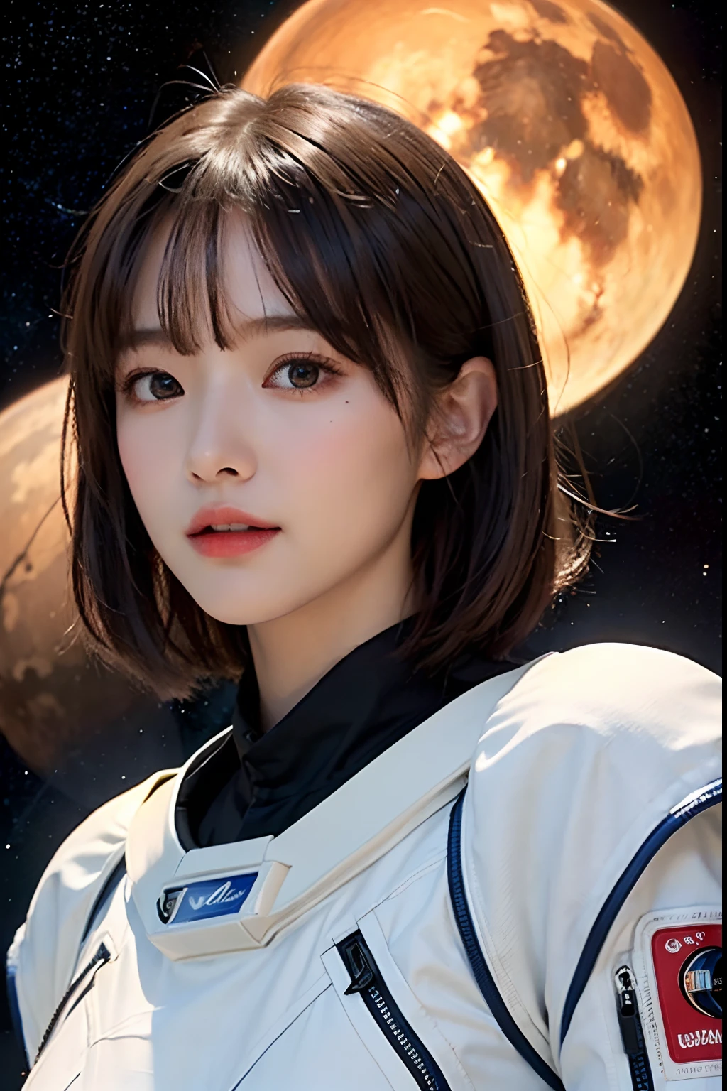 top-quality、​masterpiece、超A high resolution、(realisitic:1.4)、Beautuful Women１、Beautiful detail eyes and skin、ssmile、Light brown short-cut hair、The perfect spacesuit、spaceships、Mysterious planet、Red sky、sandstorm、