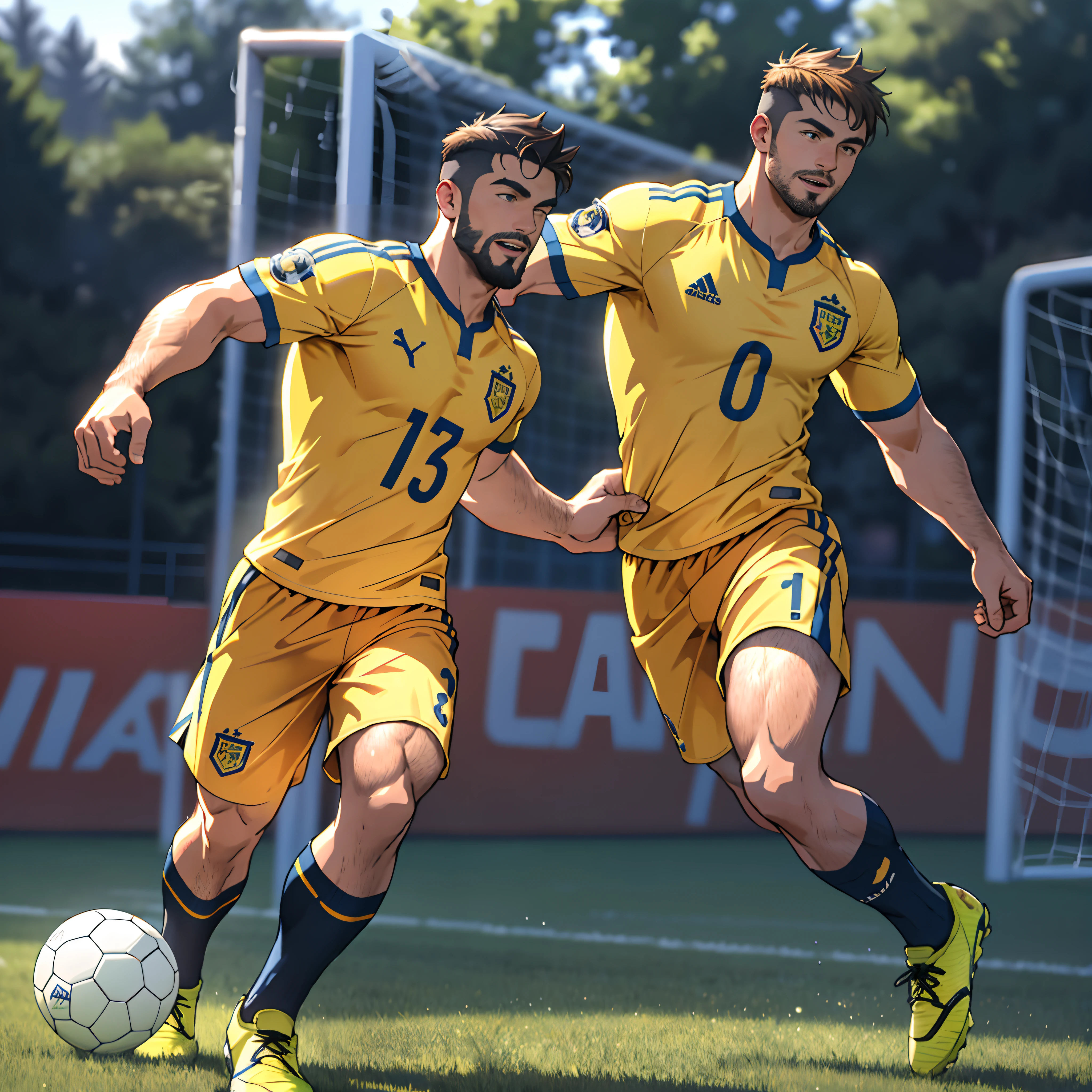 best quality, masterpiece, super high resolution, detailed background, realism, Illustrations, single, 1 boy, soccer field, muscles, volumetric lighting, depth of field, full body, facial hair, soccer player, yellow clothes