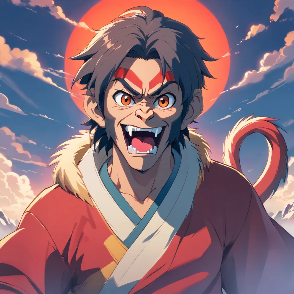 Wild monkey mandrill,Fierce face,onthe mountain,white backgrounid,solid color backdrop,(Chinese folk suspense supernatural comic style),High detail, Sharp focus, Dramatic。1:1