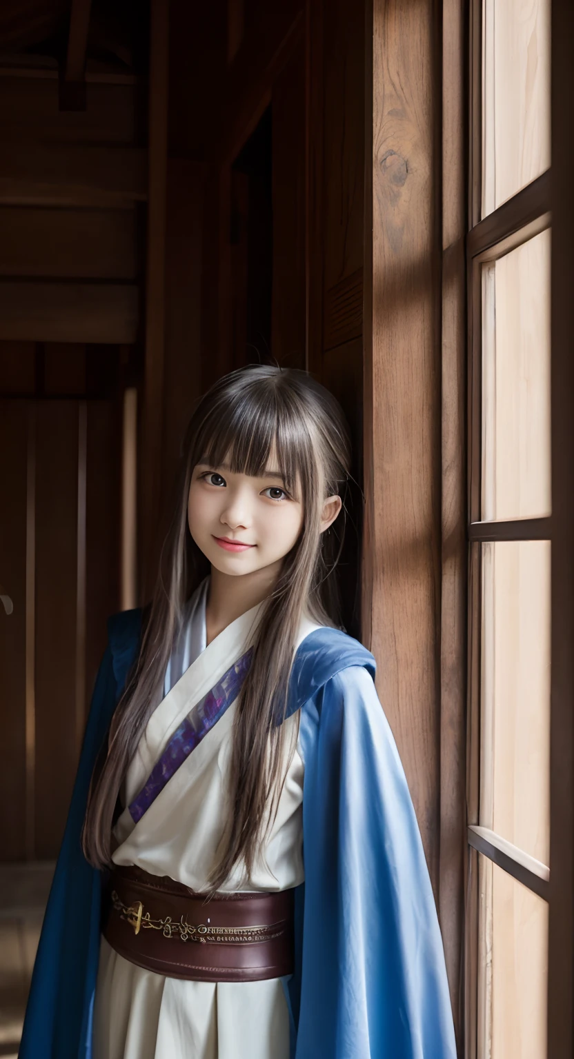 (top-quality、​masterpiece:1.2)、Best Quality、realisitic、photoshot、hight resolution、1080p、8K、Textured skin、Physical Rendering、1 Japan Girls、a junior high school student、kawaii、Young Face、Rolled hair、(Wizard's Clothing:1.5)、in a castle、full of shyness、smil、Big