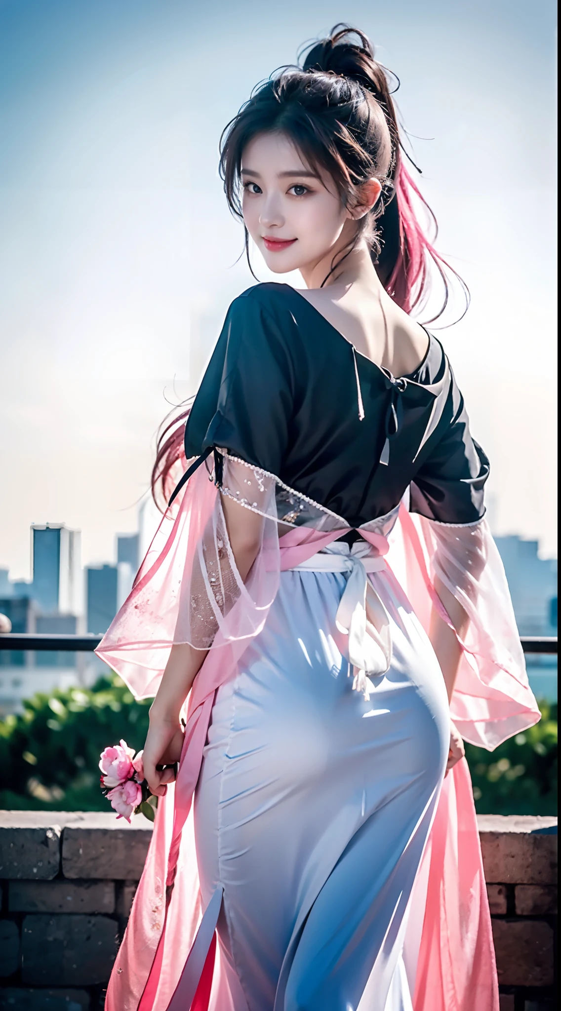 High quality 8k photos at masterpiece level:A martial arts style picture in a pose。A 20-year-old woman holds a knife on her chest。She has a single ponytail,Red braided rope,Wearing a cloak。Perfect facial features,Keep your mouth shut,With an evil smile,Expose one shoulder。With your back to the camera,There is a dragon tattoo on the back。
Horn shock 3rd,with pink hair,long whitr hair,elvish ears,a pink eyes,Crystal flowers,White clothes,Black clothes,pink color clothes,pink skies,Gold accessories,crystal,The bird,Pink crystal,bridal gown,the bow,arrow,ssmile,Loves,ElysiaHoH,