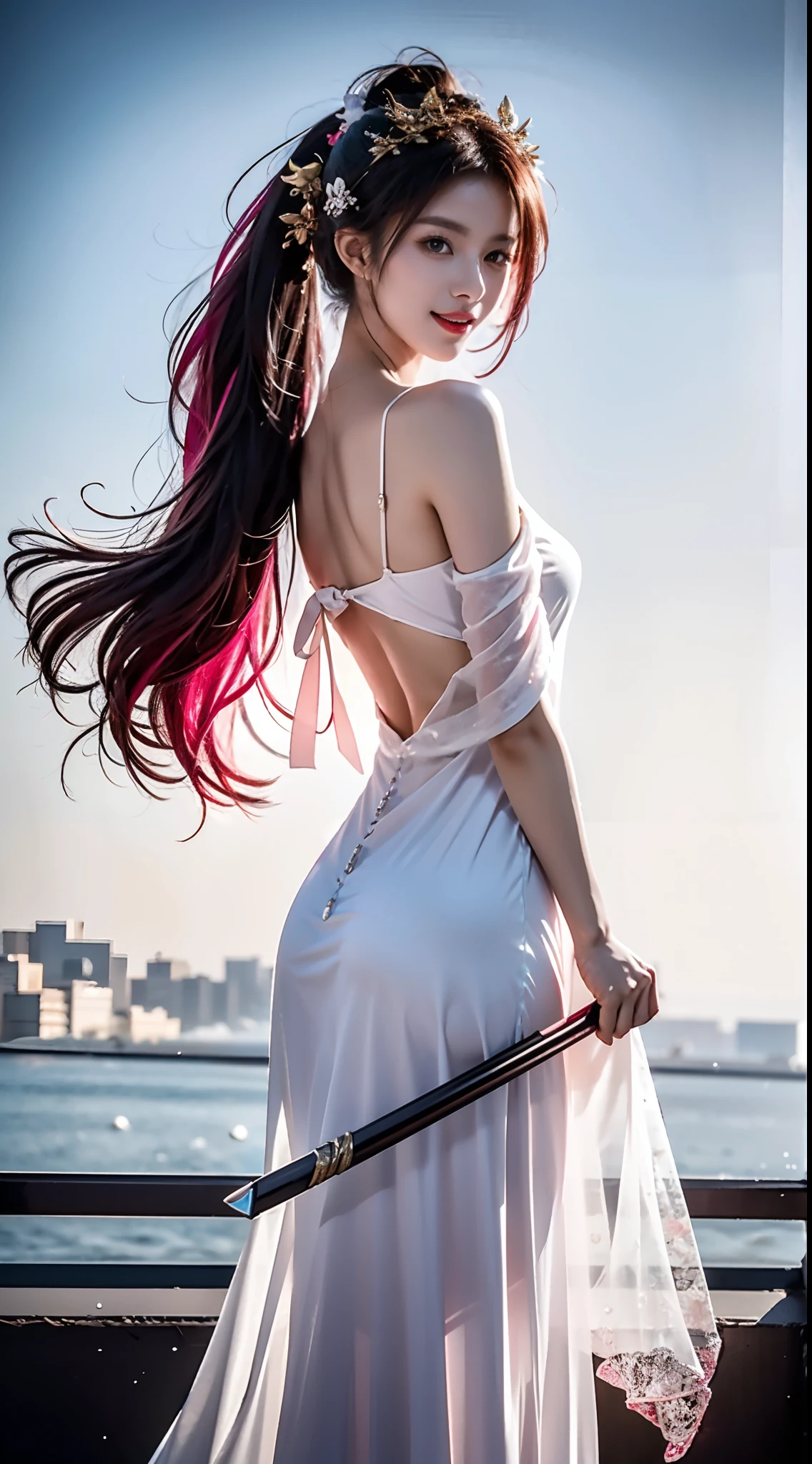 High quality 8k photos at masterpiece level:A martial arts style picture in a pose。A 20-year-old woman holds a knife on her chest。She has a single ponytail,Red braided rope,Wearing a cloak。Perfect facial features,Keep your mouth shut,With an evil smile,Expose one shoulder。With your back to the camera,There is a dragon tattoo on the back。
Horn shock 3rd,with pink hair,long whitr hair,elvish ears,a pink eyes,Crystal flowers,White clothes,Black clothes,pink color clothes,pink skies,Gold accessories,crystal,The bird,Pink crystal,bridal gown,the bow,arrow,ssmile,Loves,ElysiaHoH,