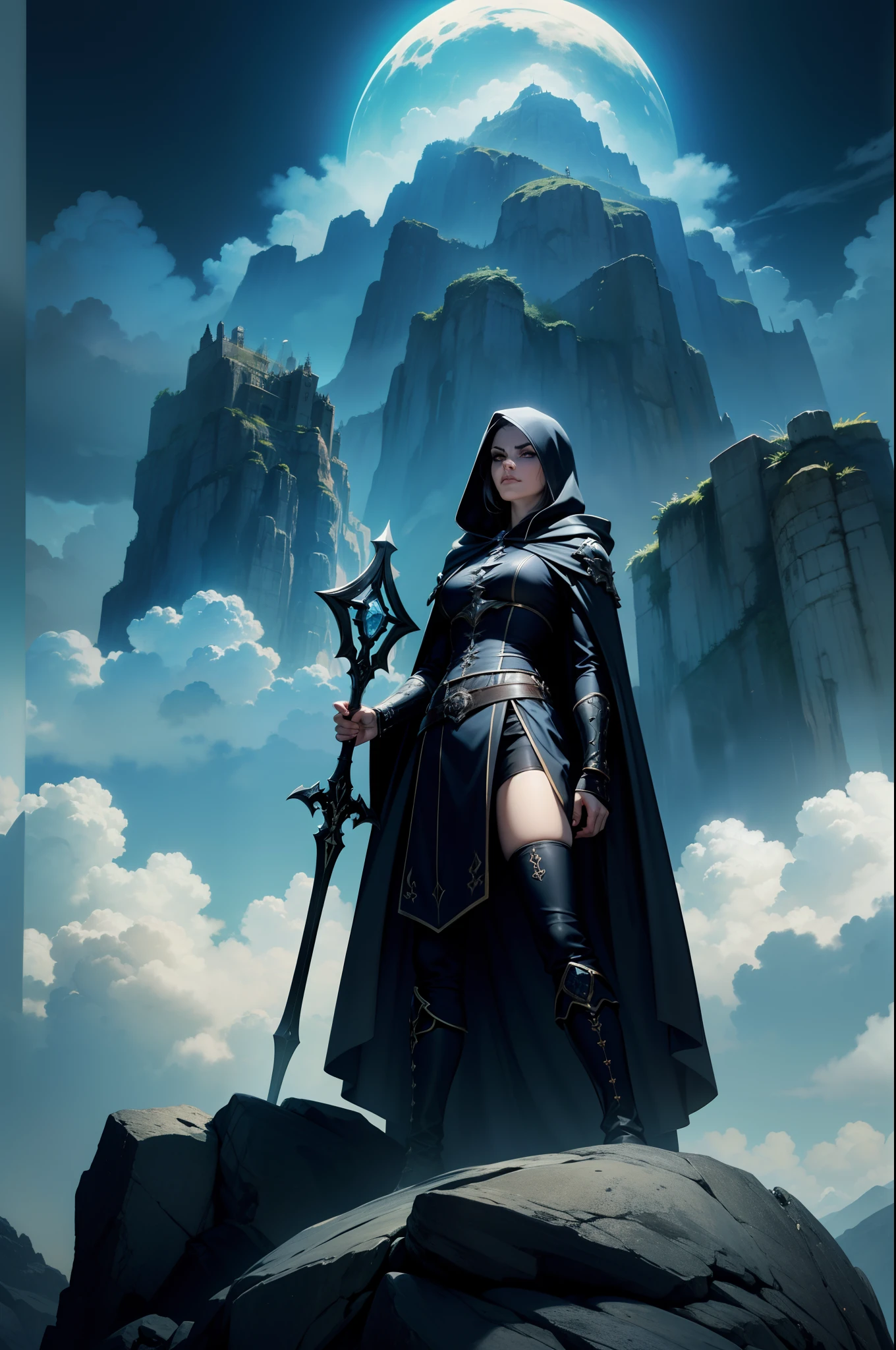 An adult mage character wearing a hooded robe and gothic armor with black details. postura impositiva, face with serious expression, cabelo na cor preta liso preso, espada presa a cintura, cabelo na cor preta, livro preso a cintura, a remarkable beauty, Magnificent, cor azul dos olhos, Sky with magnificent clouds, Torre do Mago, castelo de magia, Roupas por baixo da armadura na cor roxa, arms crossed in imposing pose and on top of a tall rock