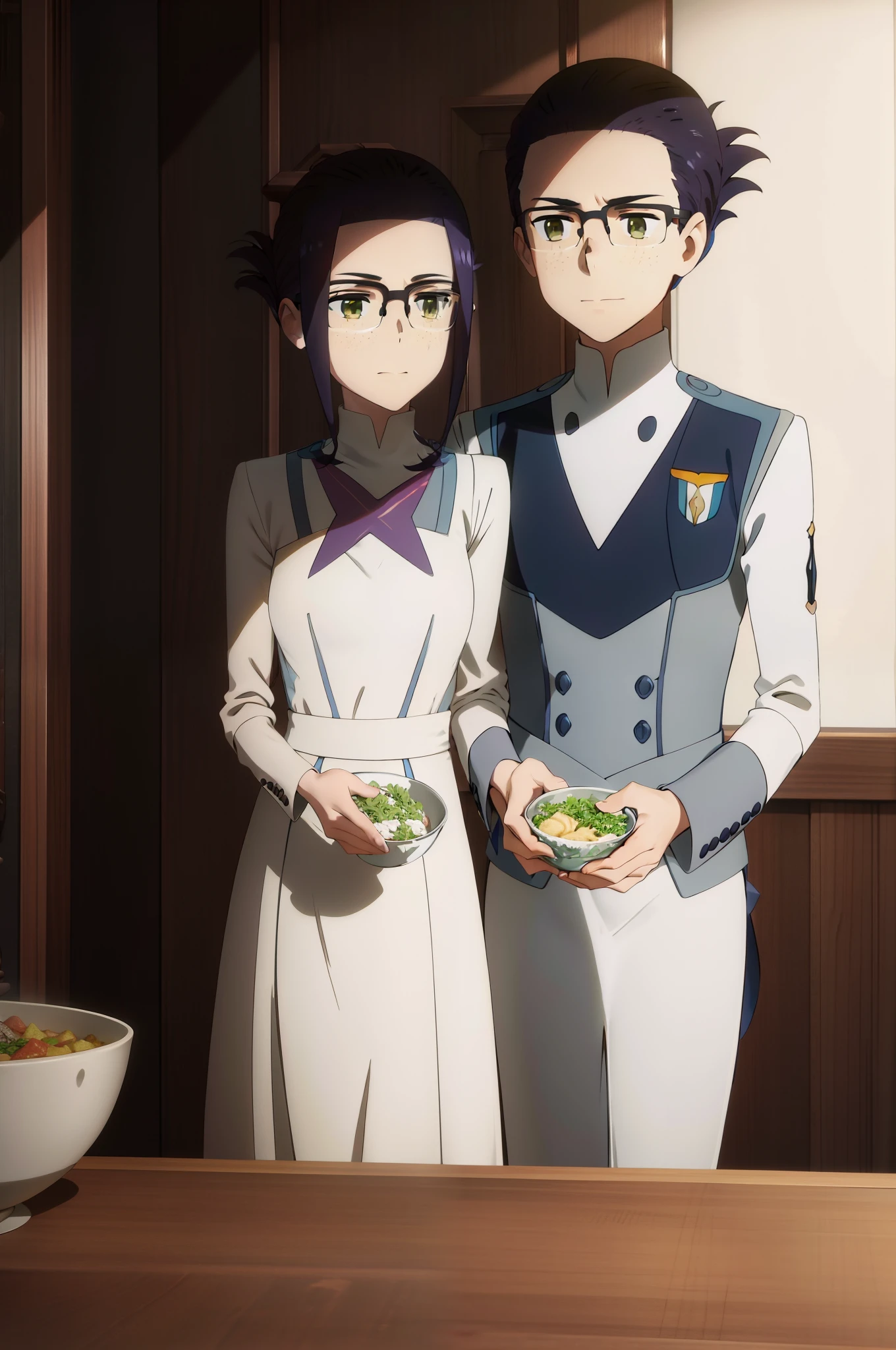 ikuno ,wife dress, happy, cooking, ikuno being hug by is husband,1boy,ikuno x Kabane Kusaka, couple