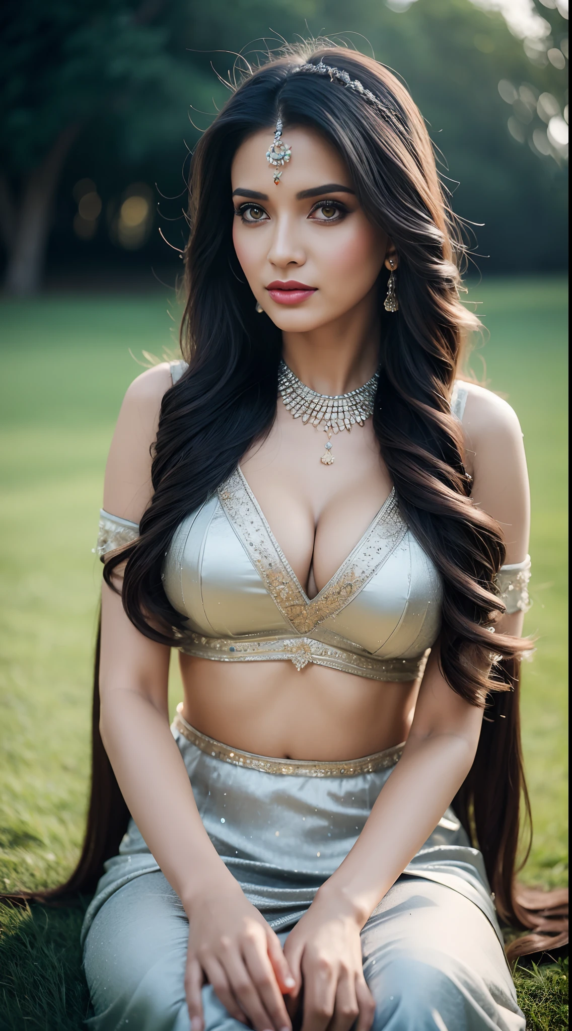 Portrait of A confident-looking indian princess from kamasutra with long flowing hair, hazel eyes, without flowing capes, Cleopatra fabric with laces, c-cup breasts, sitting in grass, water background, bokeh, perfect composition, hyperrealistic, super detailed, 8k, high quality, trending art, trending on artstation, sharp focus, studio photo, intricate details, highly detailed, art by greg rutkowski