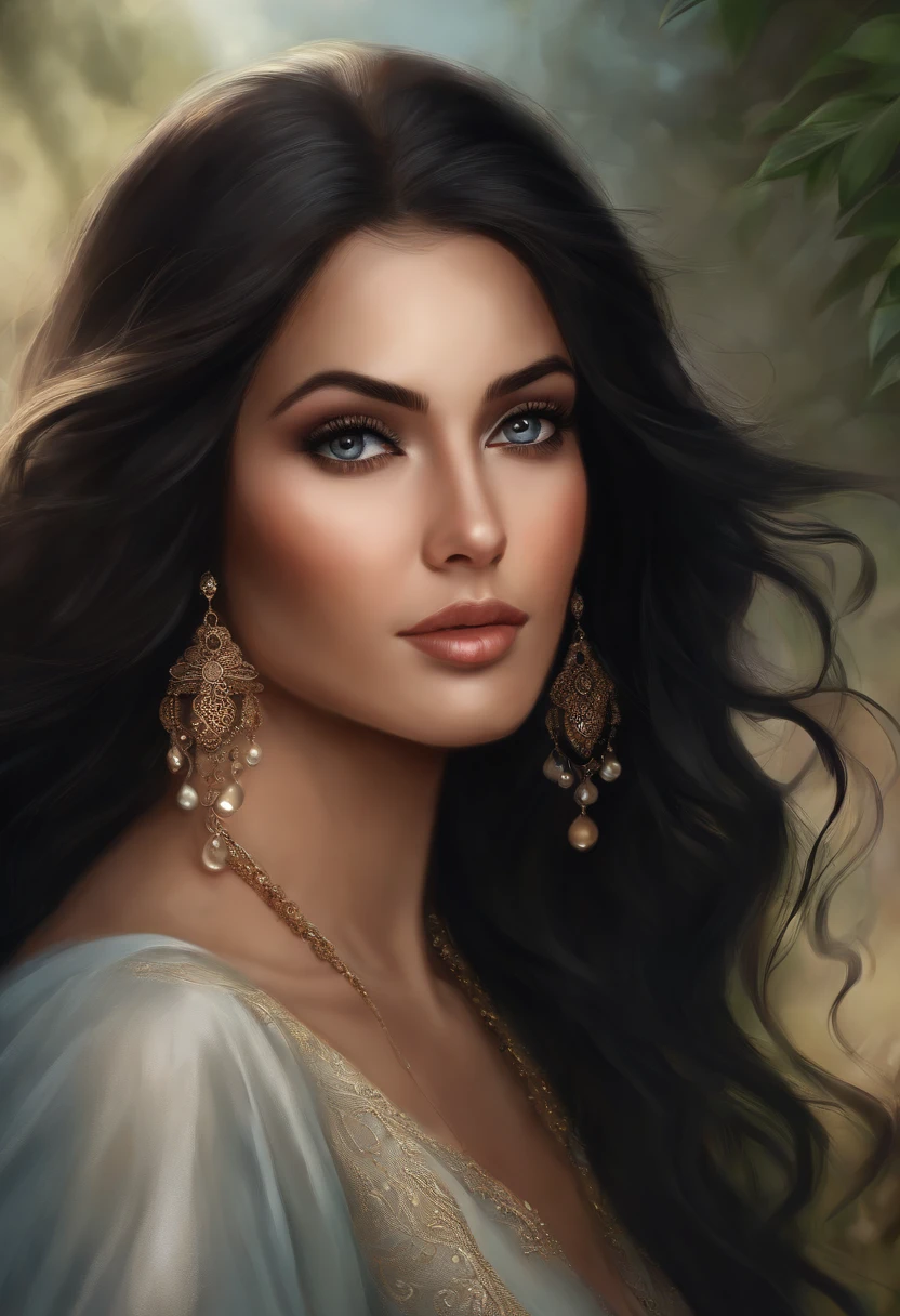 Close-up of a woman with long black hair and black eyes, Gorgeous digital painting, Realistic cute girl painting, beautiful digital painting, stunning digital painting, Beautiful digital artwork, gorgeous digital art, beautiful digital art, Realistic digital painting, lovely digital painting, beautiful gorgeous digital art, Beautiful character painting, Very Beautiful Digital Art, Amazing digital art, realistic digital painting,of a real