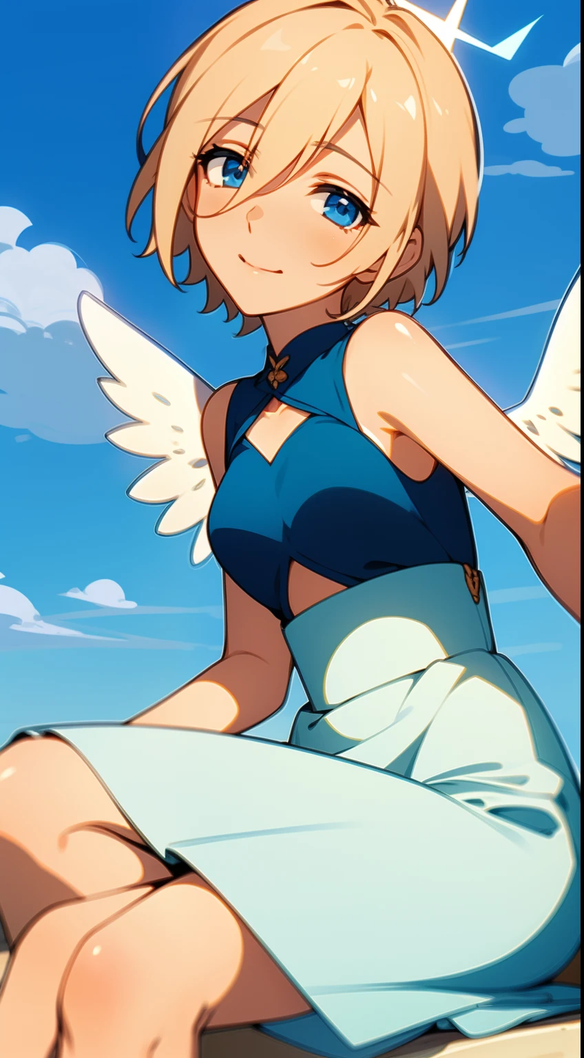 blue eyes, short blonde hair, outdoors, heaven, heavenly. happy girl, cute dress dress, solo girl, 1girl, short blonde hair, small boobs, slim waist, cute shoes, clouds, angel girl, big angel wings, a halo over her head, shining halo, dynamic pose, huge wings, sitting on clouds