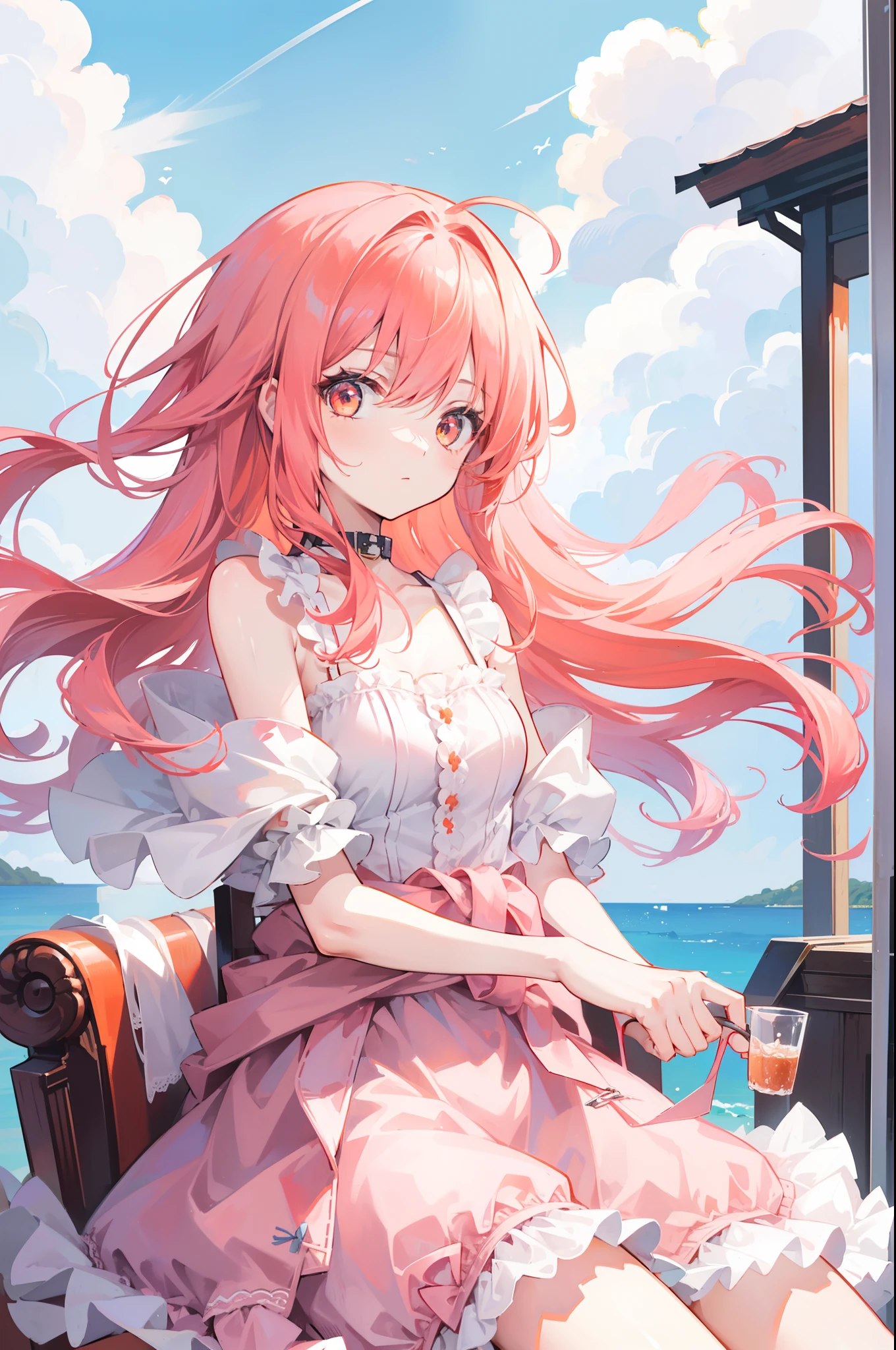 1 girl in:1.2、top-quality、masutepiece、Orange Eyes、Pink hair、((Longhaire、fluffy hair))、Blowing in the wind、sit a chair、modern clothing、Girly One Piece、cute little、((Soft smile))、Gentle、((head to waist))、Sunny outdoor