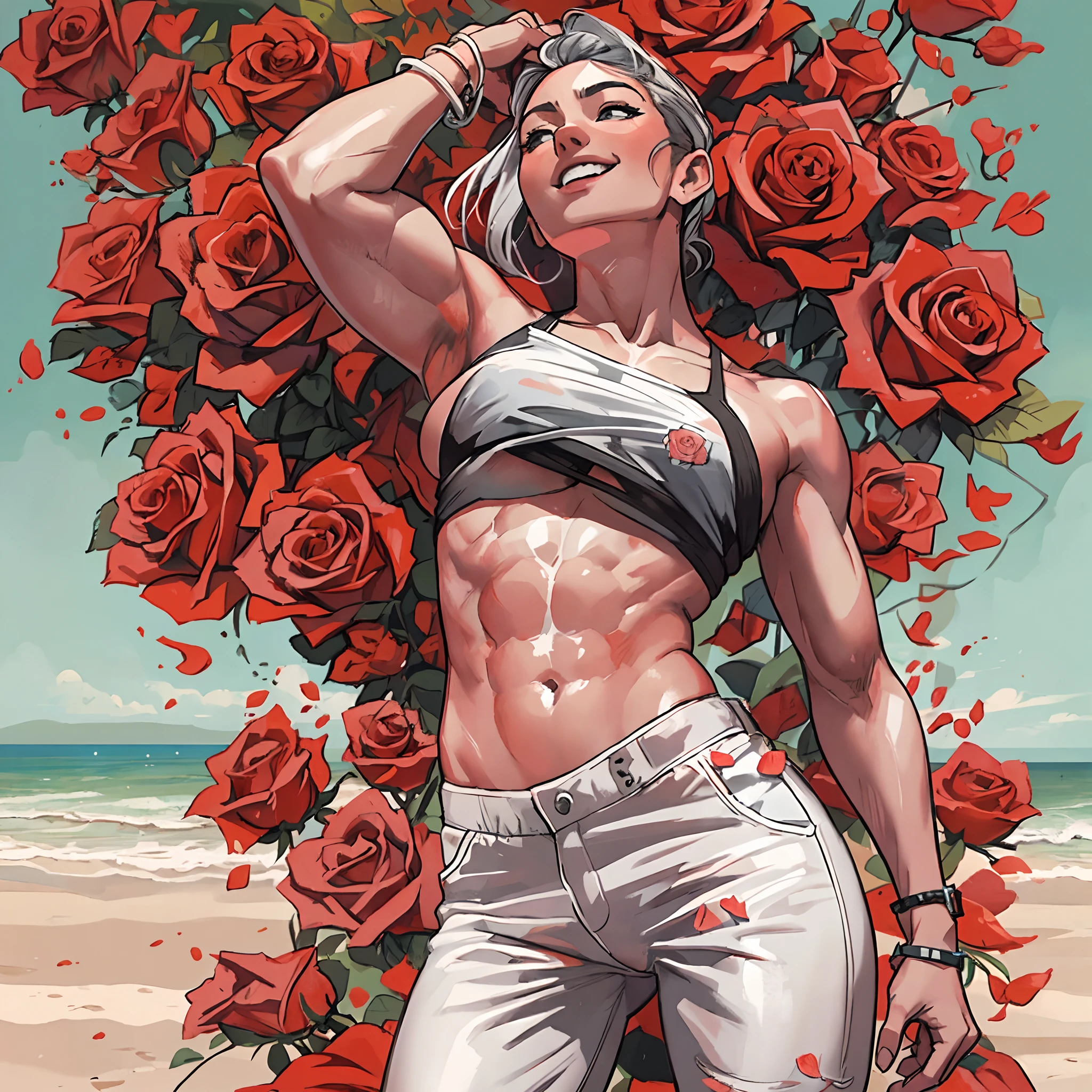 lean athletic woman flexing her abs, leaning, view from below, underboob, shiny skin, (sweating:0.5), shirt lift, coy smile, flat chest, hi-top fade, (roses, beach ), (limited palette: black, white, red)