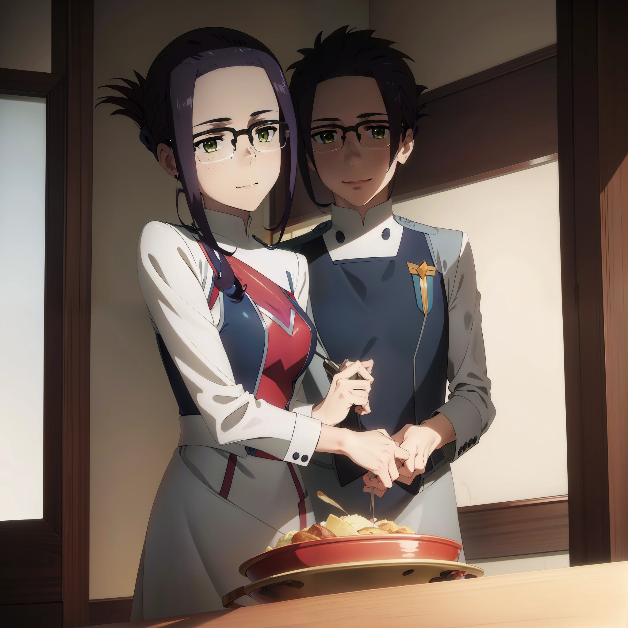 ikuno ,wife dress, happy, cooking, ikuno being hug by is husband,1boy,ikuno x Kabane Kusaka, couple