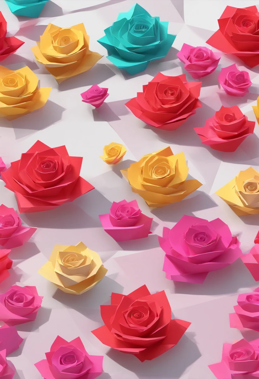 roses, Paper cutting art style, Neon Candy Color, It features a simple, Stylish, Bright, White space, 。.3D, redshift, Arnold Renderer, high detailing, High quality, 8K