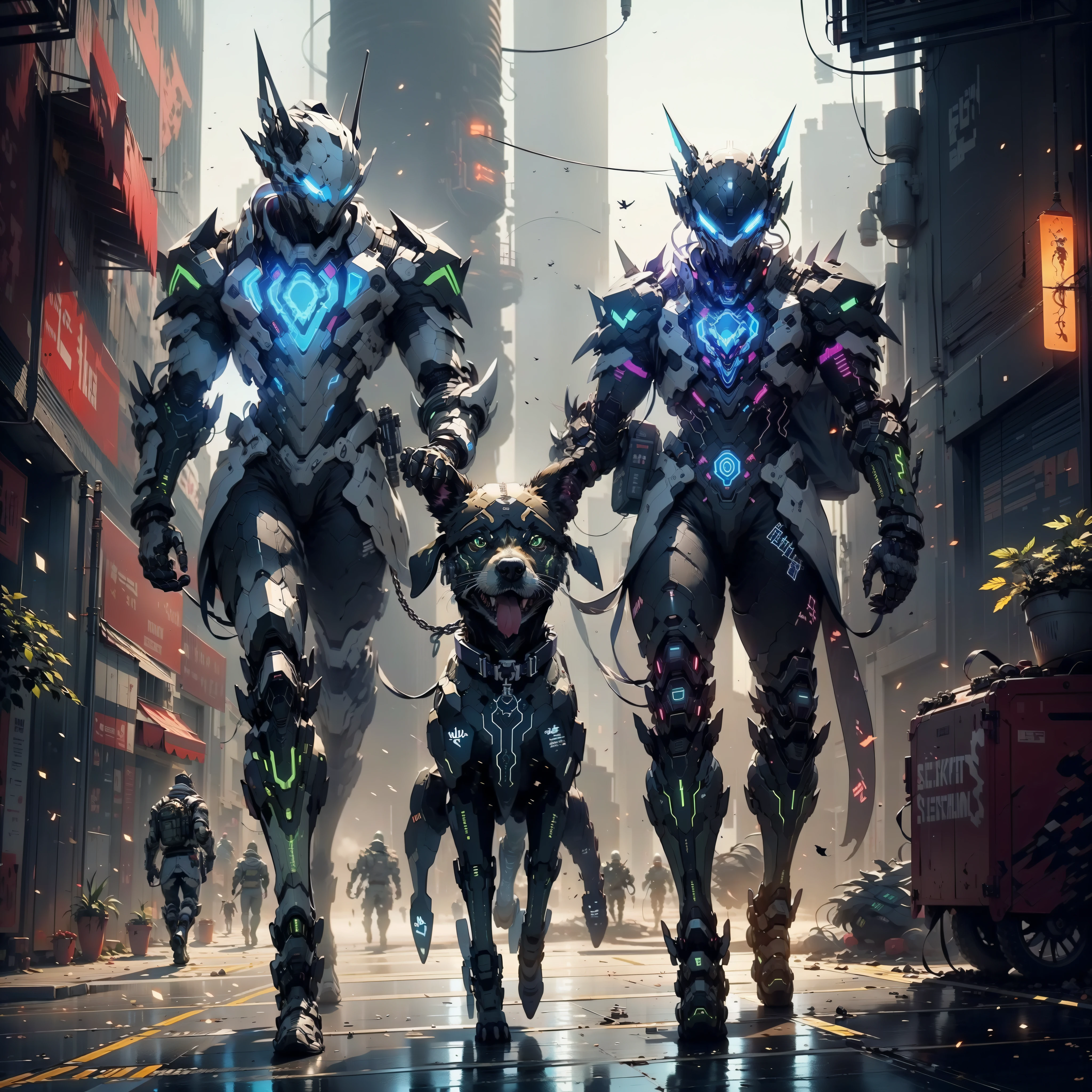 there is a man in a black and green outfit with a backpack, cyberpunk streetwear, cyberpunk suit, cyberpunk street goon, cyberpunk wearing, cyberpunk techwear, muted cyberpunk style, has cyberpunk style, style of cyberpunk, wearing cyberpunk streetwear, cyberpunk soldier, hyper-realistic cyberpunk style, cyberpunk character design, all black cyberpunk clothes, cyborg pet k9 unit in cyber armour, cyberpunk clothes, dog, k9 unit, walking with a cyborg dog