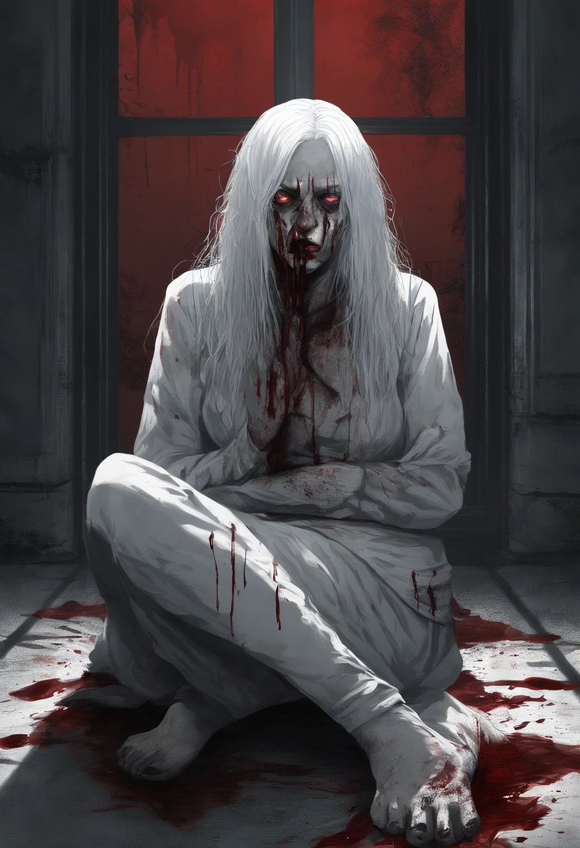 "((Masterpiece, top quality, high resolution)), (Female), (One character), (Alone), (Solo), (Anime), (Ahoge, long white hair), (Faint glowing red eyes), (Bloodied straightjacket), (Red nails), (Sitting on knees and leaning forward), (Insane asylum, white room), (Blood everywhere), (Bloodied clothes), (Holding bloody knife), (Crazy, insane)