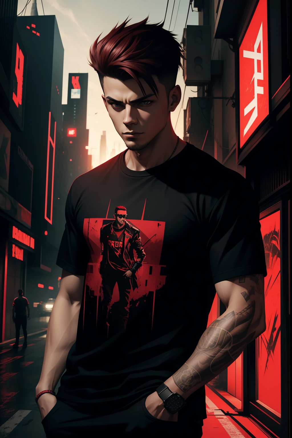 Vector T-shirt Art ready to print dark red graffiti illustration of a young man, cyberpunk, perspectiva frontal, action shot, Color vibrante, High detail