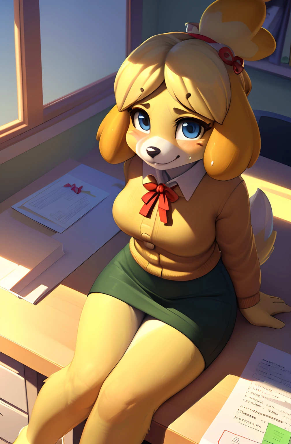 [isaCrossing], [Isabelle; Animal Crossing], [Uploaded to e621.net; (Pixelsketcher), (wamudraws)], ((masterpiece)), ((solo portrait)), ((front view)), ((feet visible)), ((furry; anthro)), ((detailed fur)), ((detailed shading)), ((beautiful render art)), {anthro; yellow fur, black nose, cute half-closed blue eyes, sweat on face, (expressionless), (blushing), blonde hair, (red bell hair-tie), topknot, fluffy tail, (beautiful feet)}, {(office woman), (red ribbon), (orange sweater), (white shirt), small boobs, (short green pencil skirt)}, {(sleeping), (sitting on couch), (legs spread open), (looking down}, [background; (office), (window), (sun rays)]