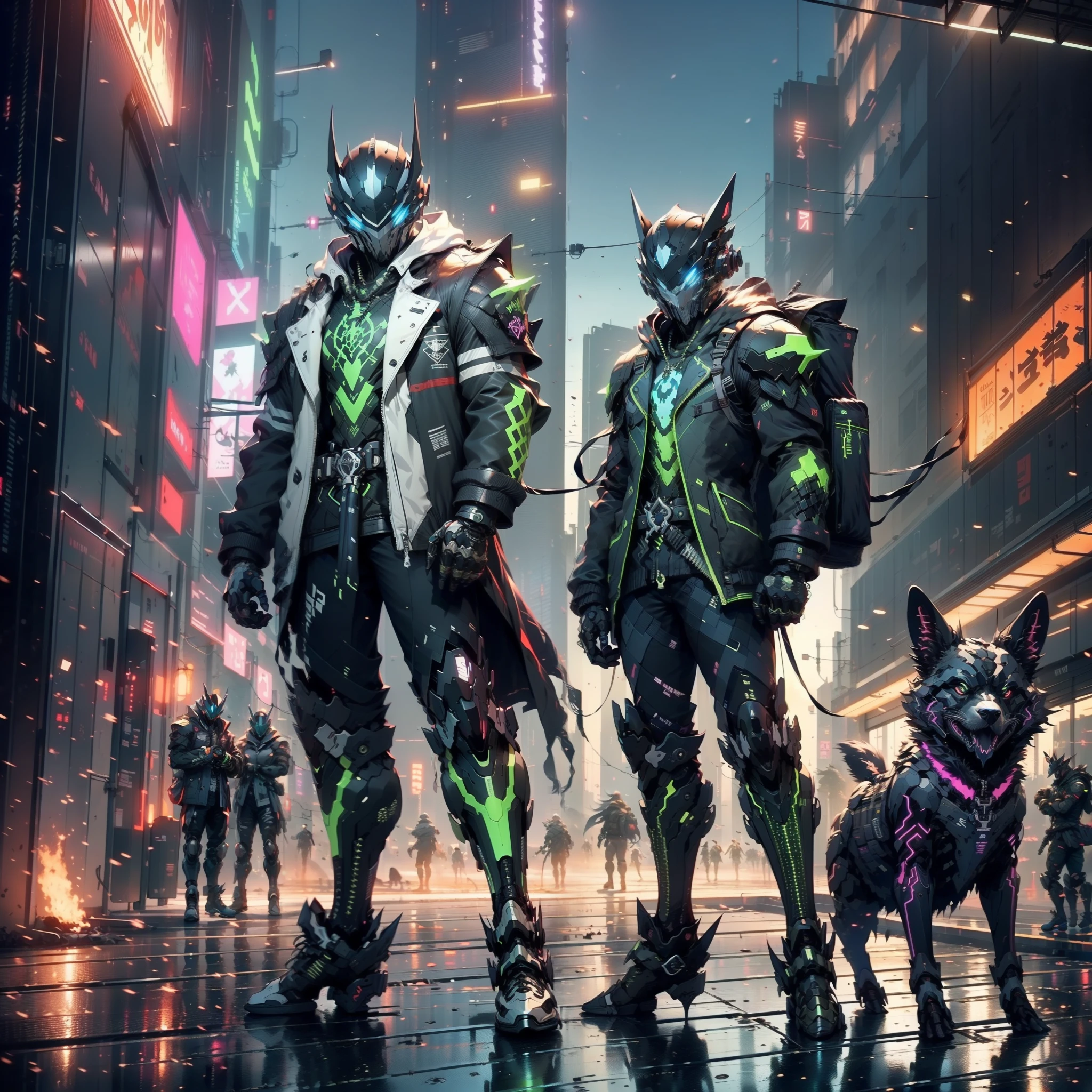 there is a man in a black and green outfit with a backpack, cyberpunk streetwear, cyberpunk suit, cyberpunk street goon, cyberpunk wearing, cyberpunk techwear, muted cyberpunk style, has cyberpunk style, style of cyberpunk, wearing cyberpunk streetwear, cyberpunk soldier, hyper-realistic cyberpunk style, cyberpunk character design, all black cyberpunk clothes, pet k9 unit in cyber armour, cyberpunk clothes