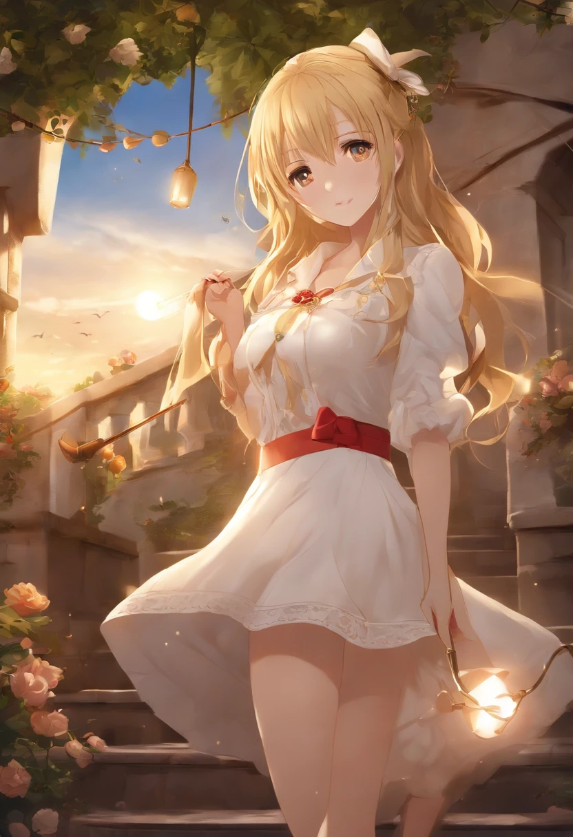 (masutepiece, Best Quality, High quality, hight resolution:1.4), Extremely detailed, Ambient soft lighting, 4K UHD ,In Greece where the night view is beautiful, a beautiful girl with blonde semi-long hair wearing a white and yellow miniskirt dress is transforming while drawing a heart with a magic cane.