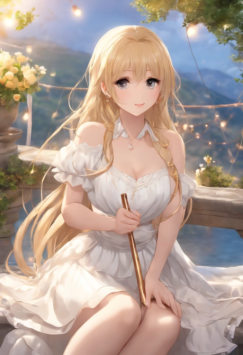 (masutepiece, Best Quality, High quality, hight resolution:1.4), Extremely detailed, Ambient soft lighting, 4K UHD ,In Greece where the night view is beautiful, a beautiful girl with blonde semi-long hair wearing a white and yellow miniskirt dress is transforming while drawing a heart with a magic cane.