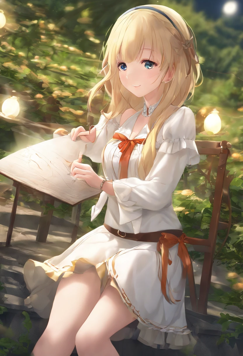 (masutepiece, Best Quality, High quality, hight resolution:1.4), Extremely detailed, Ambient soft lighting, 4K UHD ,In Greece where the night view is beautiful, a beautiful girl with blonde semi-long hair wearing a white and yellow miniskirt dress is transforming while drawing a heart with a magic cane.