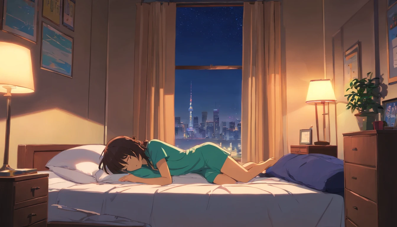 Woman lying on her side on the bed and waking up only her upper body,backshots,, during night, calm night, stylised illustration, Being in a room in a luxury apartment, From the side, stylized silhouette、One stroke、Behind the scenes looking at the city、The upper body is not wearing anything、backs、Wearing a futon up to your waist、A dark-haired、natta、nighttime scene、Rear view、sad、Staring out the window、Don't show your face