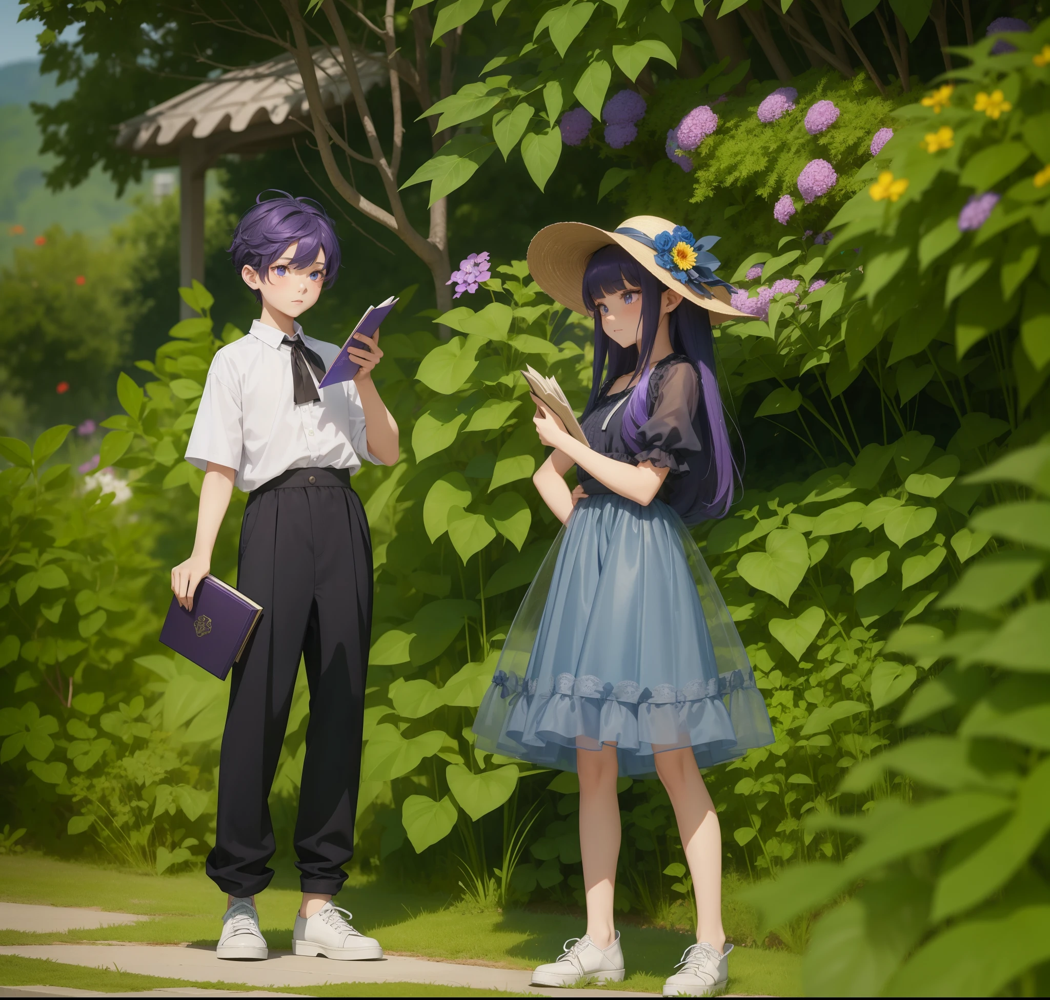 16 yaers old,There was a boy and a girl,Holding a book,The boy has purple hair and a gray left eye and a red right eye,Boy wearing a white shirt,Boy's gray trousers,The boy wears black leather shoes,The girl wears a yellow straw hat,There are blue flowers on the hat,The girl has long black hair,Girls have pointy ears,The girl's left eye is red,The right eye is golden,Girl in navy blue dress top,Gray sheer tulle skirt,Long green dress on the inside,