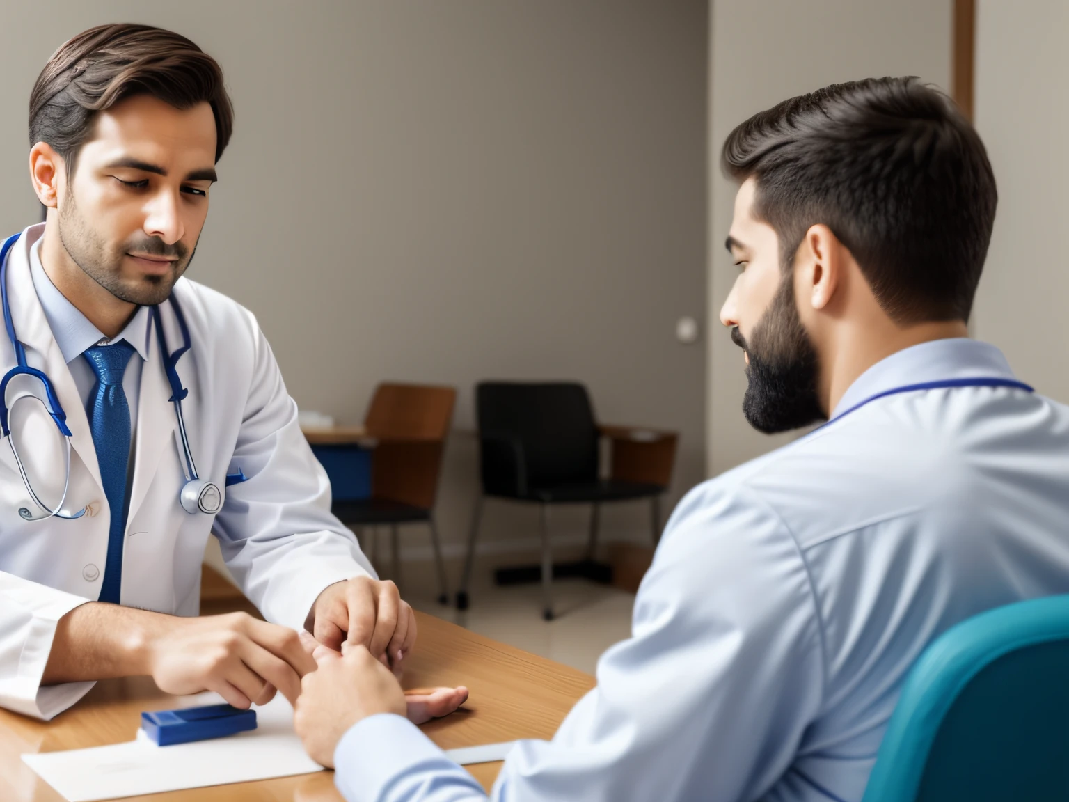 a doctor doing an activity with the patient only with his hands and without showing his faces