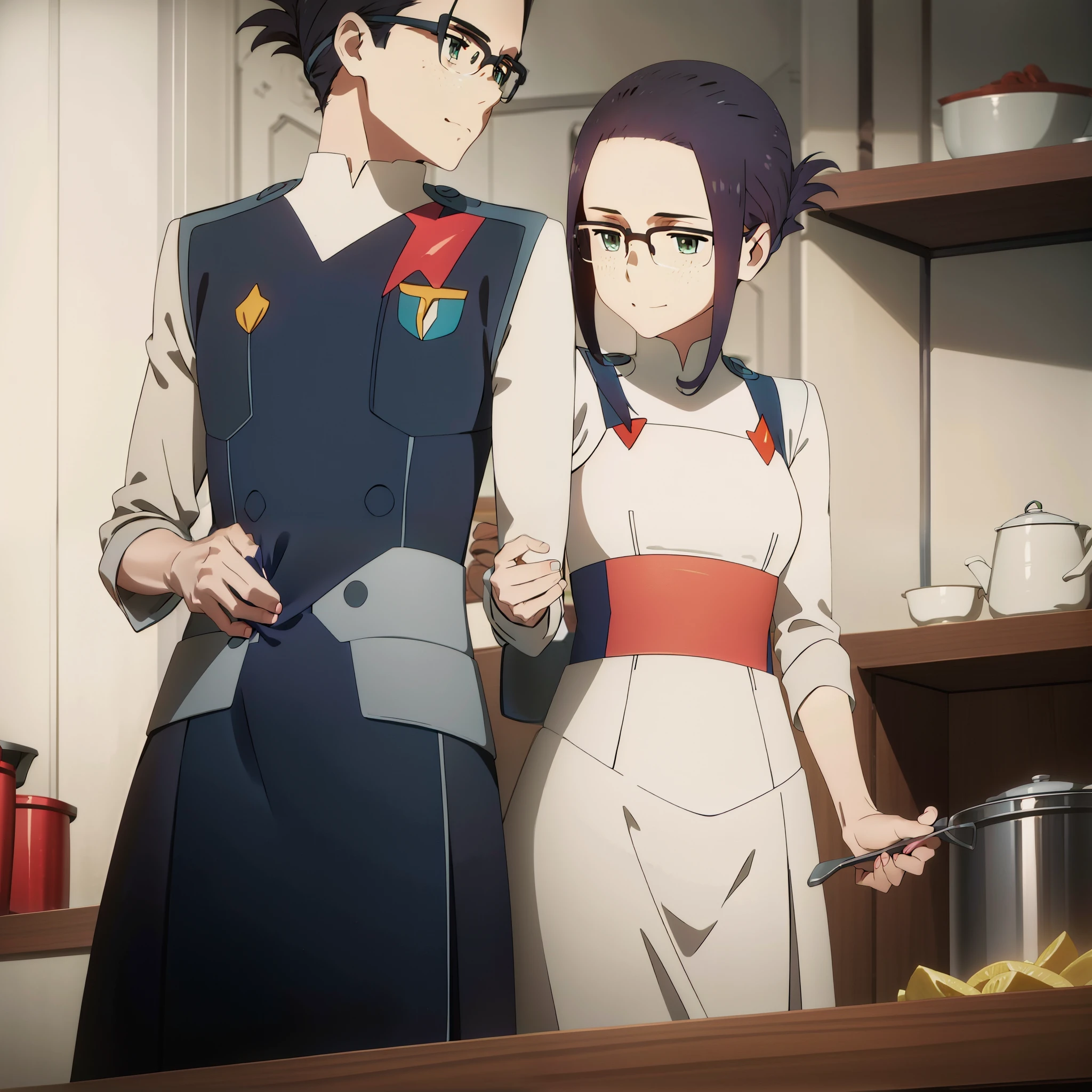 ikuno ,wife dress, happy, cooking, ikuno being hug by is husband,1boy,ikuno x hiro, couple, darling in the franxx