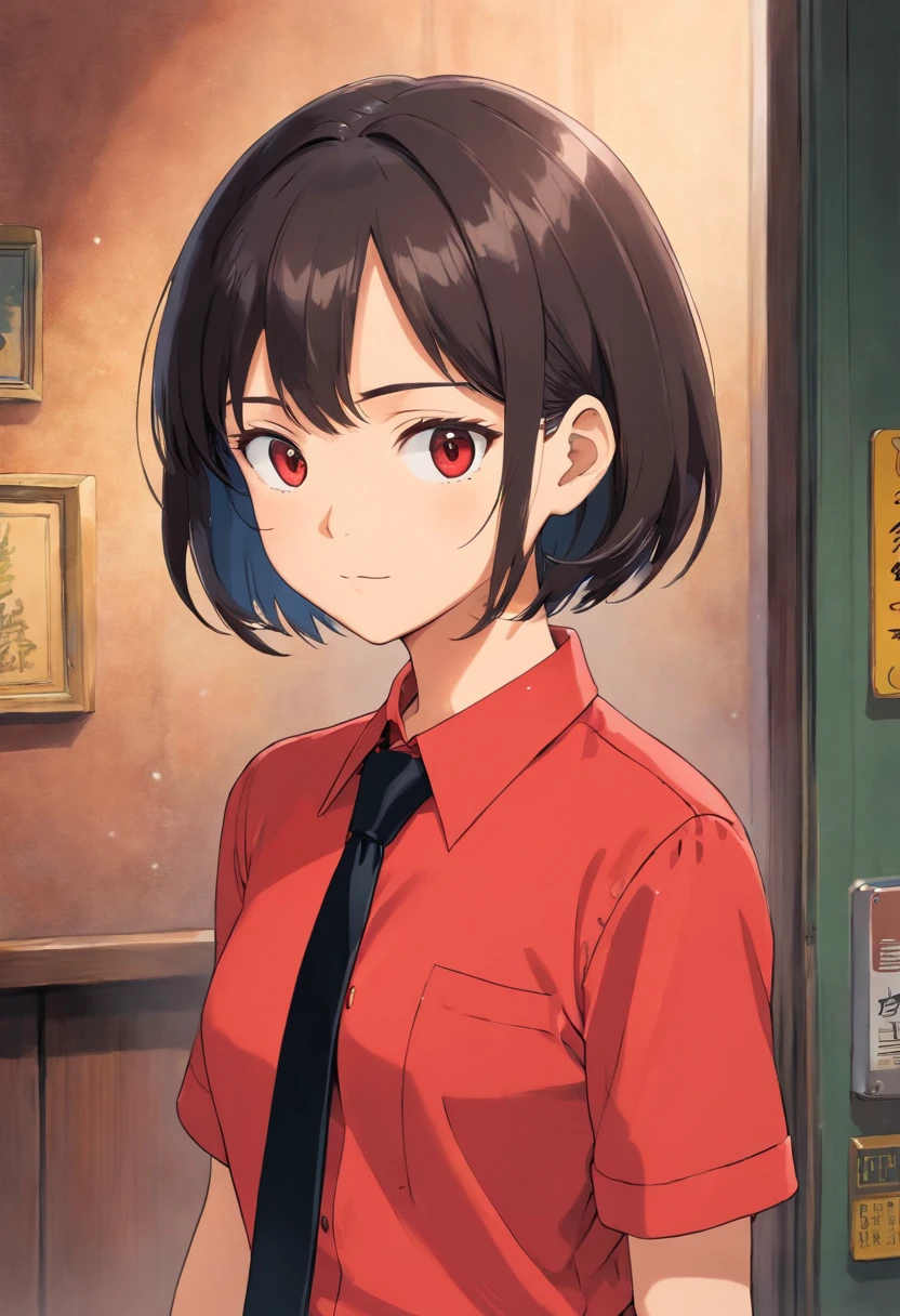 (red shirt, black necktie), Short Hair Hair, black  hair, very detail, ((tmasterpiece))