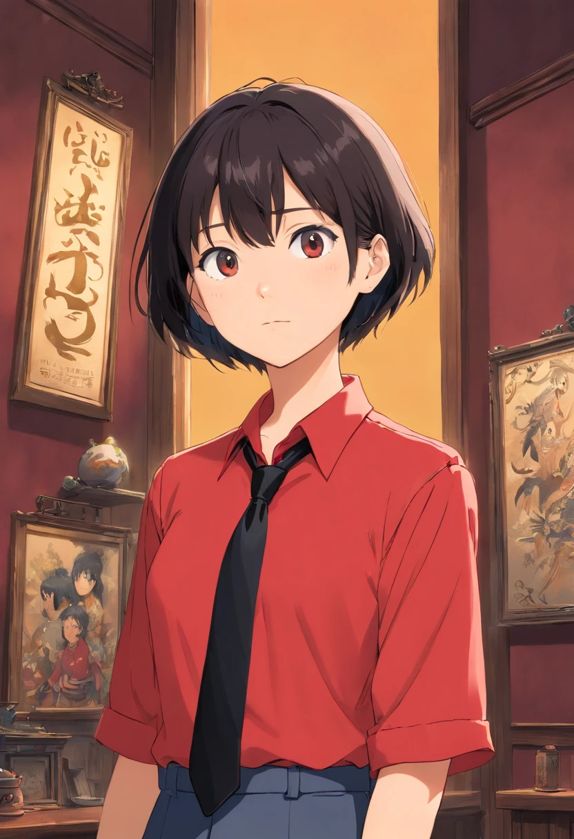 (red shirt, black necktie), Short Hair Hair, black hair, very detail, ((tmasterpiece))