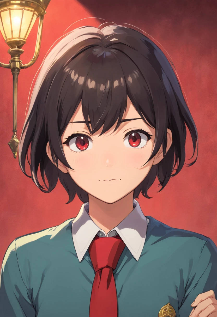 (red shirt, black necktie), Short Hair Hair, black hair, very detail, ((tmasterpiece))