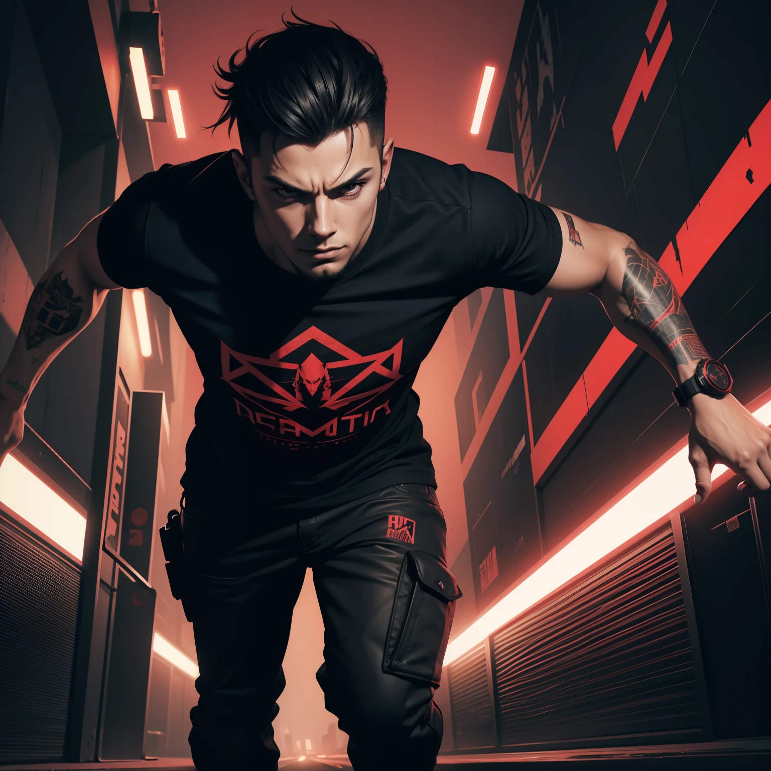 Vector T-shirt Art ready to print dark red graffiti illustration of a young man, cyberpunk, perspectiva frontal, action shot, Color vibrante, High detail