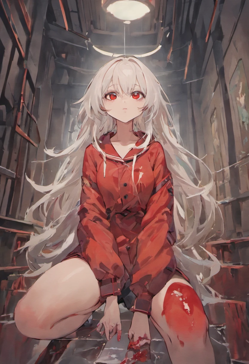 "((Masterpiece, top quality, high resolution)), (Female), (One character), (Alone), (Solo), (Ahoge, long white hair), (Faint glowing red eyes), (Bloodied straightjacket), (Red nails), (Sitting on knees and leaning forward), (Insane asylum, white room), (Blood everywhere), (Bloodied clothes), (Holding bloody knife), (Crazy, insane)