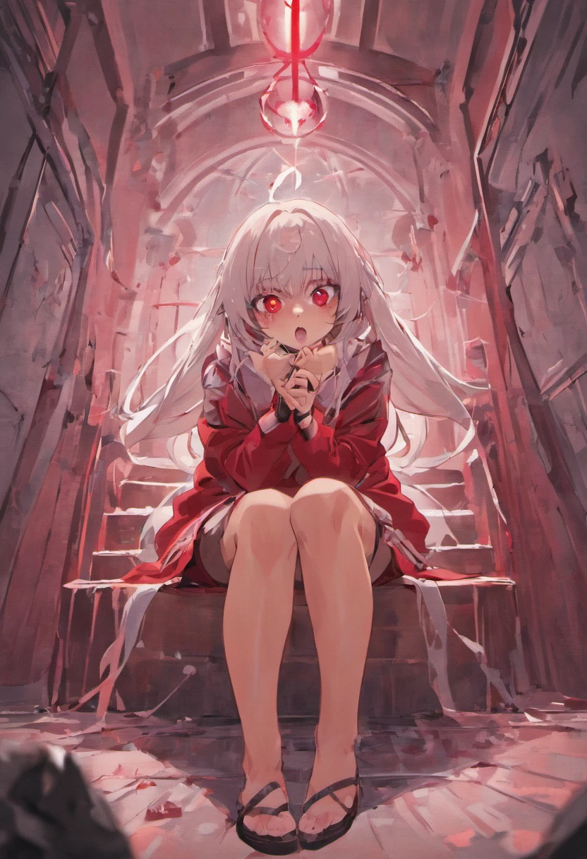 "((Masterpiece, top quality, high resolution)), (Female), (One character), (Alone), (Solo), (Ahoge, long white hair), (Faint glowing red eyes), (Bloodied straightjacket), (Red nails), (Sitting on knees and leaning forward), (Insane asylum, white room), (Blood everywhere), (Bloodied clothes), (Holding bloody knife), (Crazy, insane)