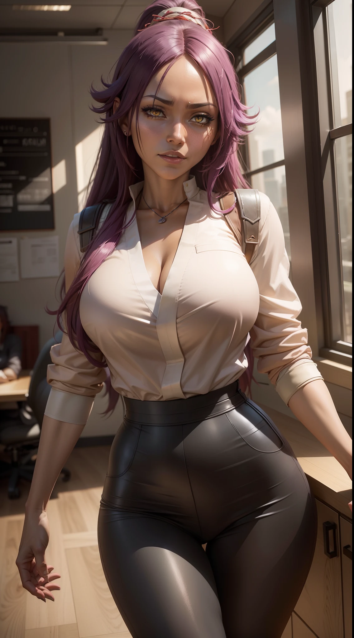 Yoruichi Shihouin,standing,office,anime drawing,trending on ArtStation,big breasts,realistic student,fine details,tall,ultra-detailed,portraits,vivid colors,studio lighting