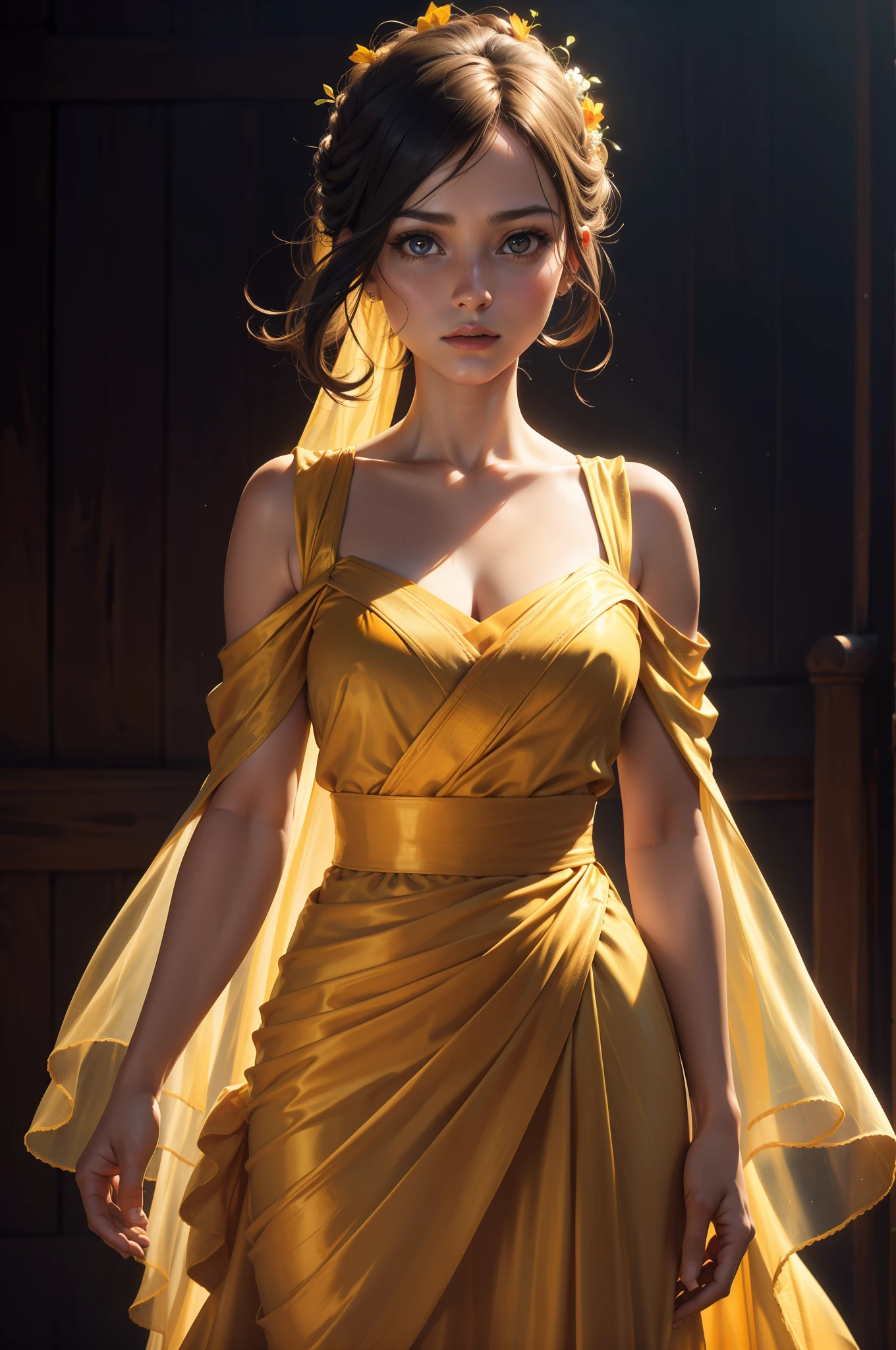 (suar:0.7),Vestido de noiva amarelo claro,saia curta branca,Woman,Japanese,rosto requintado, beautiful face,bareshoulders,ombros levemente expostos,translucent skin,olhos negros,cabelos pretos,(fotorrealista:1.4),Realistic details, high resolution,Bokeh,Detalhes marcantes