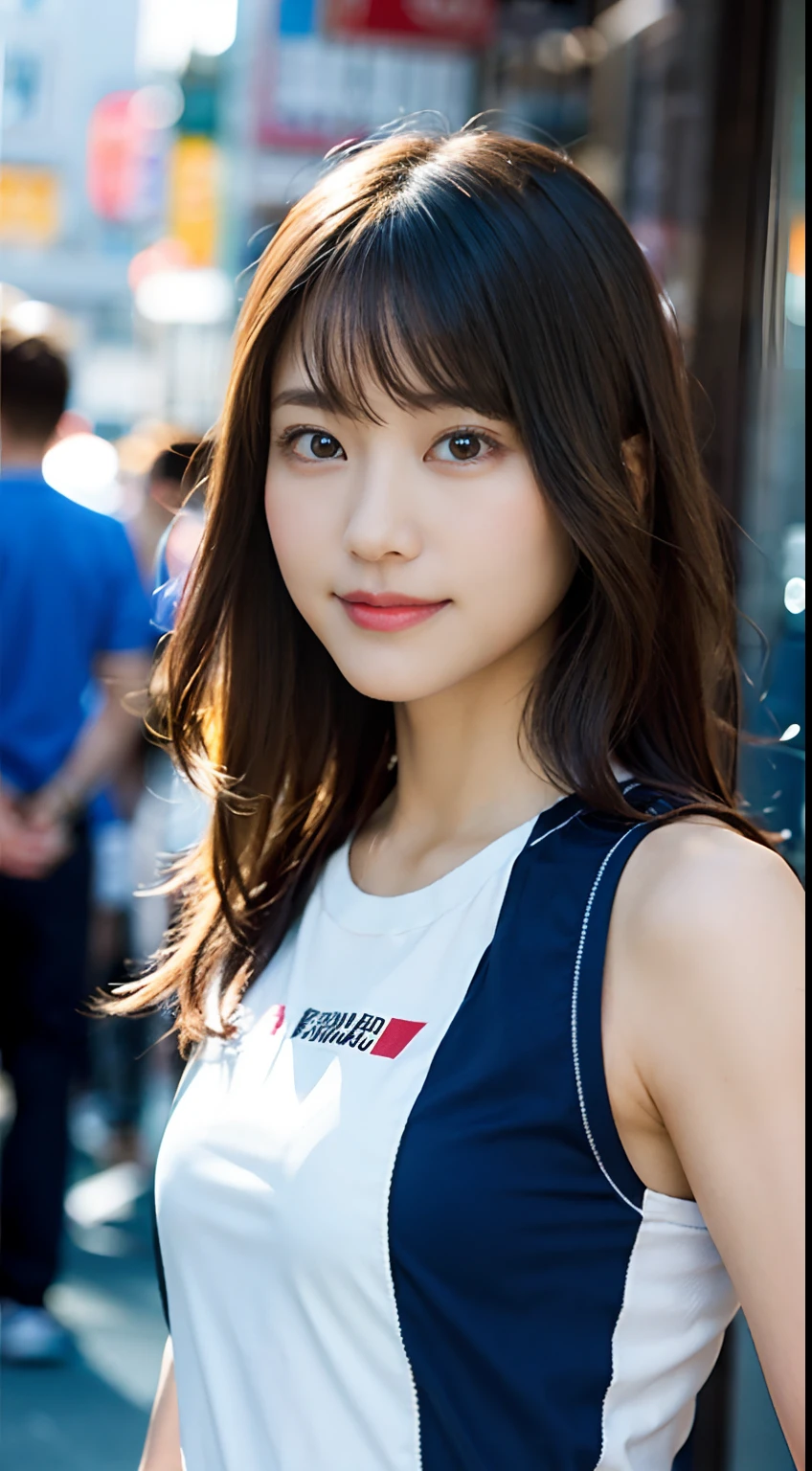 (8K、Raw photography、top-quality、​masterpiece:1.2)、(realisitic、Photorealsitic:1.37)、ultra-detailliert、超A high resolution、1人、see the beholder、beautifull detailed face、a smile、Constriction、(Slim waist) :1.3)、Shirts、Beautiful detailed skin、Skin Texture、Floating hair、Professional Lighting、The upper part of the body、Whole human body、Longhaire、a blond、Women's Marathon Uniforms、athletic field