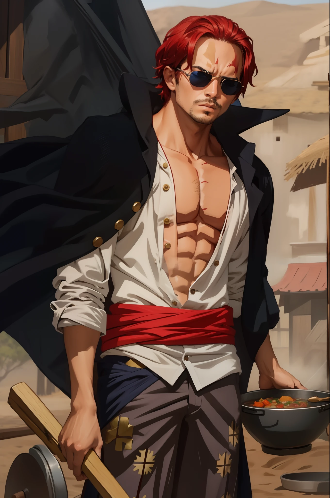 (masterpiece, best quality), intricate details,
1boy, man, red hair, straw hat, Shnks, shanks \(one piece\), scar on face, short hair, shirt, white shirt, male focus, open clothes, collared shirt, pants, cape, coat, open shirt, facial hair, scar, sandals, pectorals, partially unbuttoned, pectoral cleavage, coat on shoulders, nature, scenery, upper body, straw hat,
BREAK cooking, inside, stove, food, pot of stew, saltbae, sunglasses,