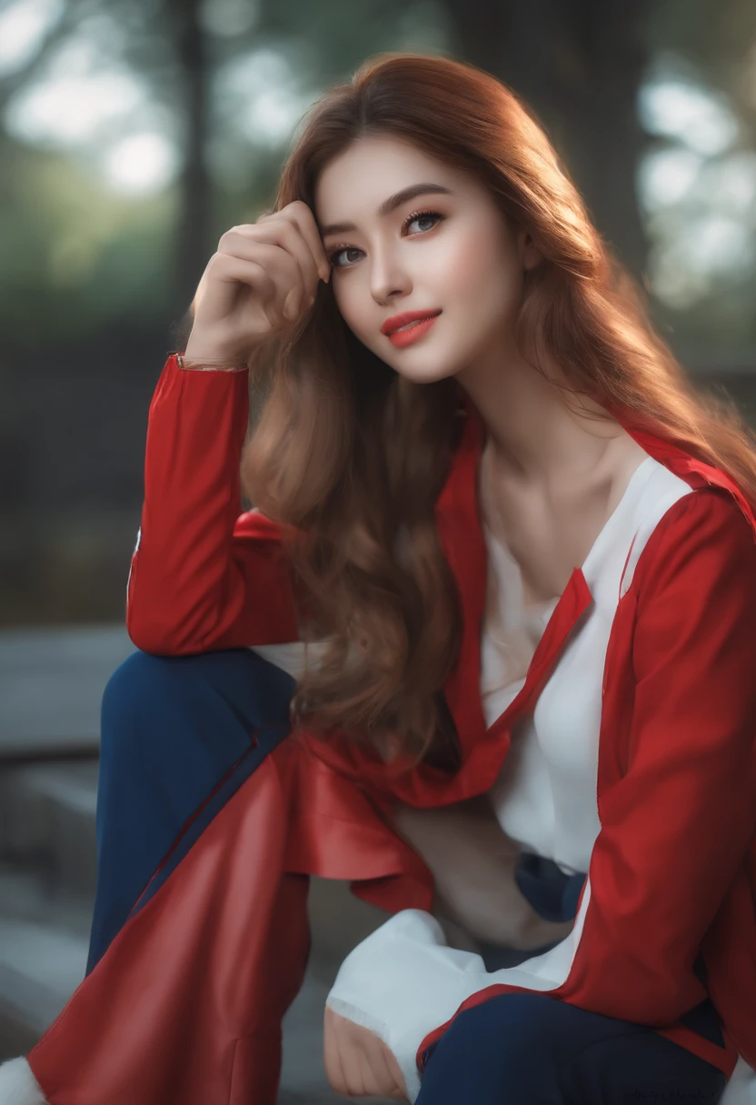 Araved woman in red jacket and blue shirt poses for a photo, photorealistic anime girl rendering, Porquimane, Realistic schoolgirl, Realistic young anime girl, Surrealism female students, Anime girl in real life, Smooth anime CG art, Surrealism female students, render of april, realistic anime artstyle, attractive anime girls, portrait of anime woman,3D