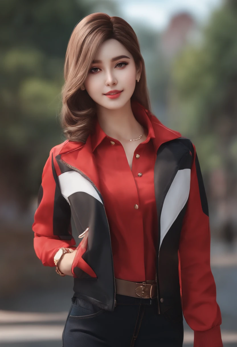 Araved woman in red jacket and blue shirt poses for a photo, photorealistic anime girl rendering, Porquimane, Realistic schoolgirl, Realistic young anime girl, Surrealism female students, Anime girl in real life, Smooth anime CG art, Surrealism female students, render of april, realistic anime artstyle, attractive anime girls, portrait of anime woman,3D