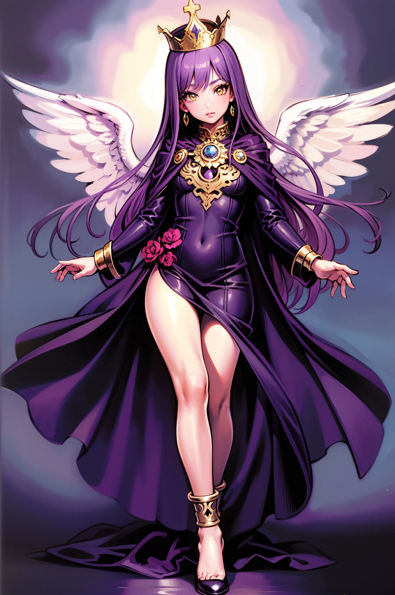 1girl, solo, long hair, looking at viewer, long sleeves, dress, jewelry, yellow eyes, purple hair, earrings, wings, wide sleeves, cape, bracelet, lips, crown, angel wings, robe, white wings, masterpiece, best quality, highly detailed, full body