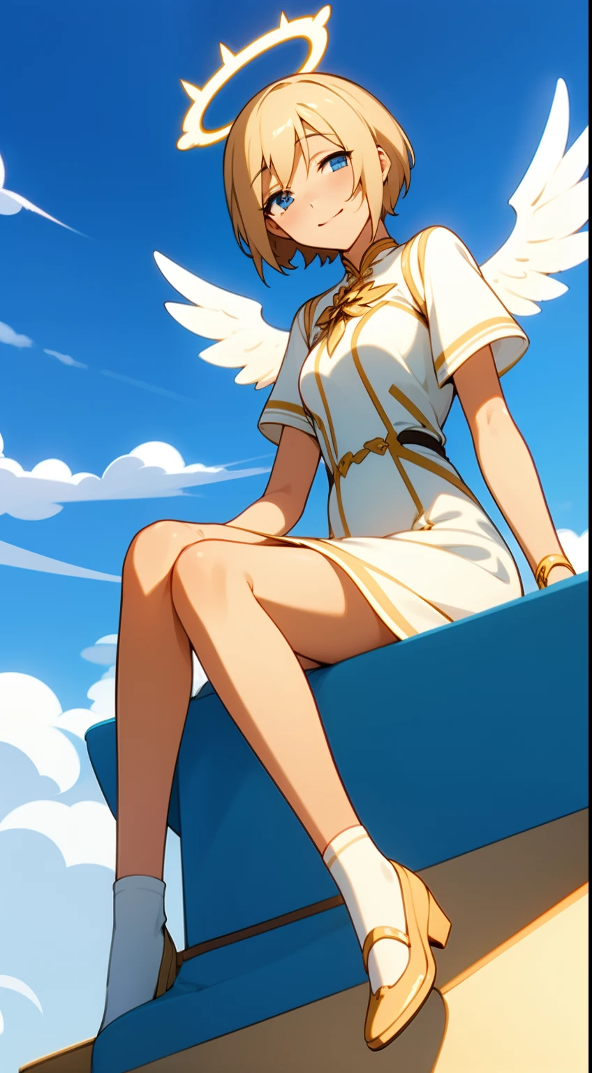 blue eyes, short blonde hair, outdoors, heaven, heavenly. happy girl, cute dress dress, solo girl, 1girl, short blonde hair, small boobs, slim waist, cute shoes, clouds, angel girl, big angel wings, a halo over her head, shining halo, dynamic pose, huge wings, sitting on clouds