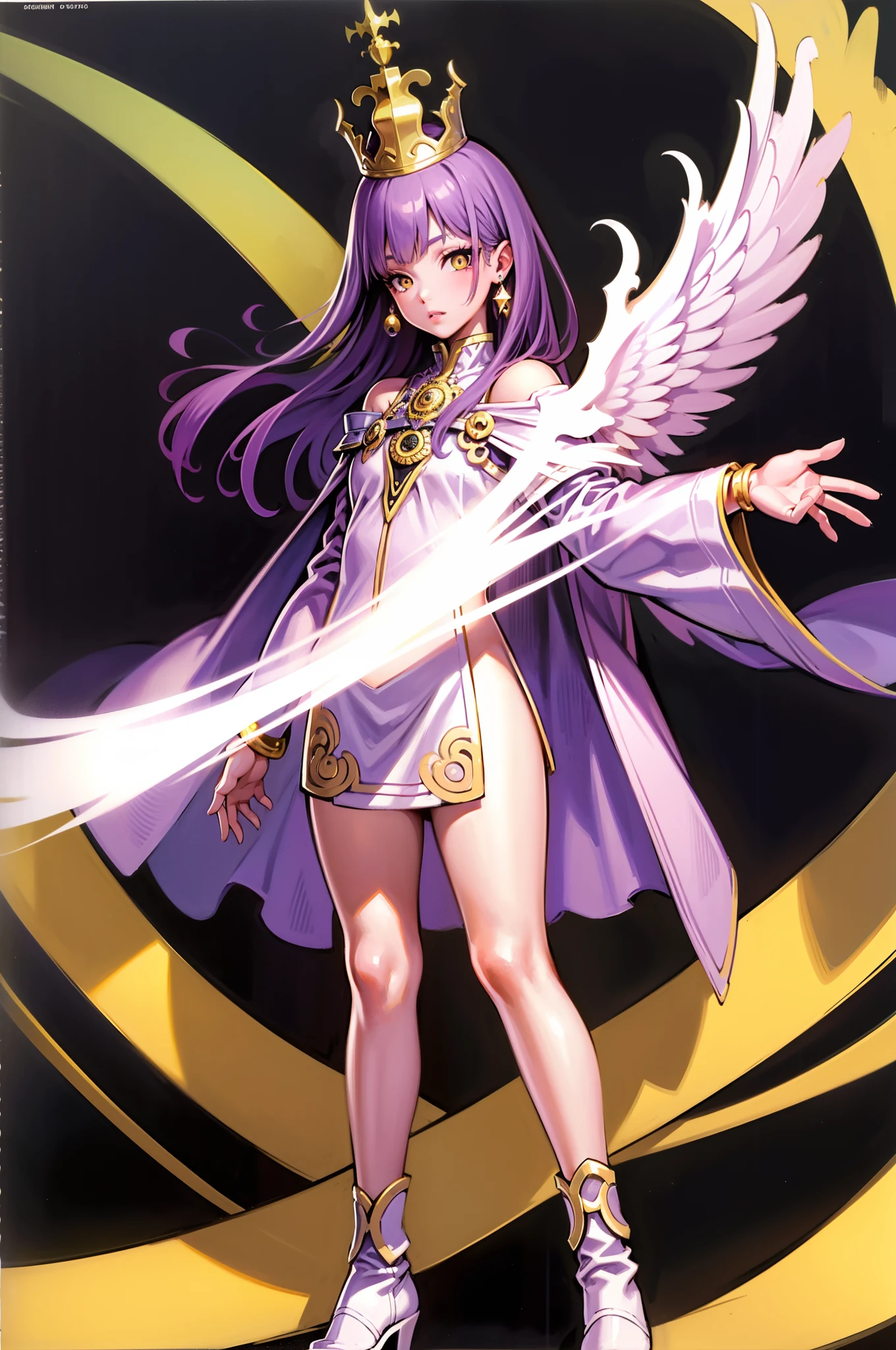 1girl, solo, long hair, looking at viewer, long sleeves, dress, jewelry, yellow eyes, purple hair, earrings, wings, wide sleeves, cape, bracelet, lips, crown, angel wings, robe, white wings, masterpiece, best quality, highly detailed, full body