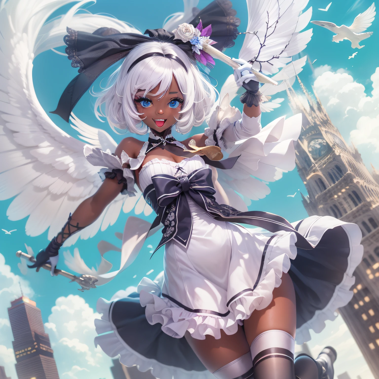 1girl, dark skin, dark-skinned female, blue eyes, solo, wings, thighhighs, gloves, open mouth, staff, dress, white hair, smile, bow, flying, looking at viewer, hair bow, puffy sleeves, white gloves, sky, holding, city, :d, frills, single thighhigh, day