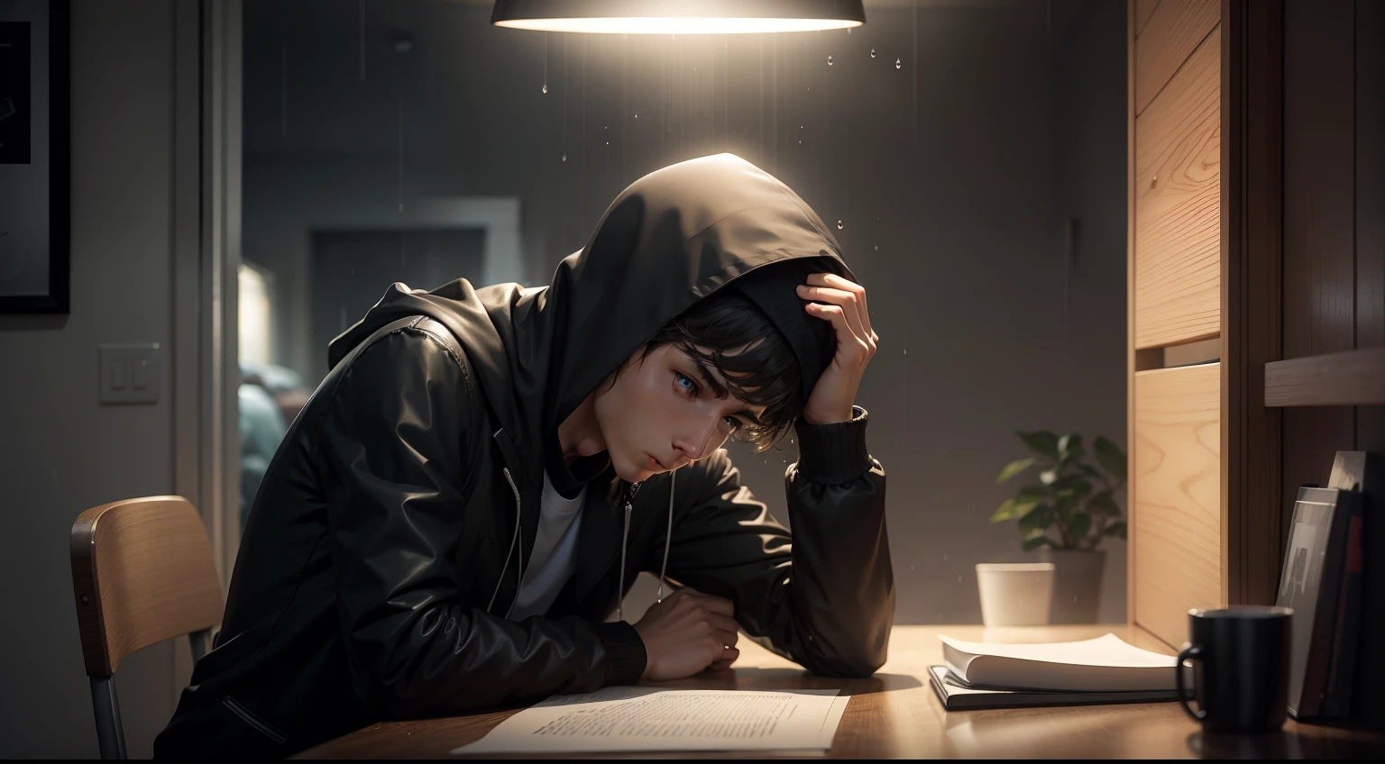student man in a room in the evening with rain and extrem depress ambiance