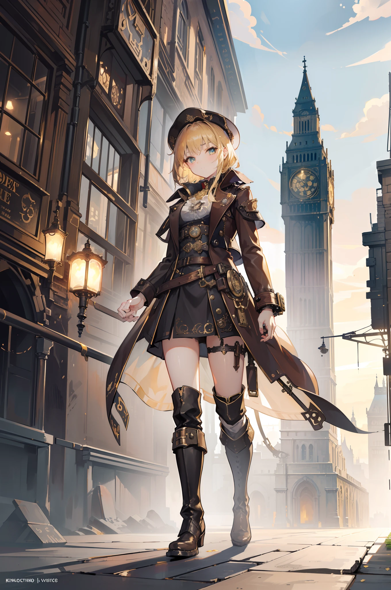 masterpiece,8K,超A high resolution,Detailed description,Smooth depiction,Accurate rendering,Inverted triangle composition,(London、Victorian Culture:1.5)、((Equipped with a reinforcement mechanism that moves with countless gears)),Beautiful golden cat eyes,Whitening skin,12-year-old Western-style beautiful girl in anime style,Wearing an antique leather coat with steampunk-style gear and watch embellishments,Metallic boots,Vast steam、Complex cities、Buildings built with pipes, Steam and gears、Overhead scenery,Full body depiction,Splash Art Style,