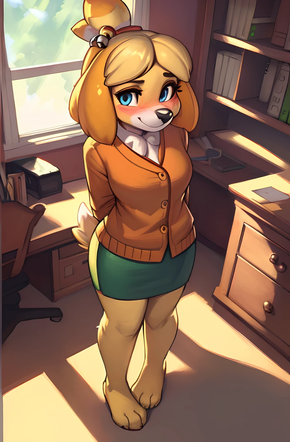 [isaCrossing], [Isabelle; Animal Crossing], [Uploaded to e621.net; (Pixelsketcher), (wamudraws)], ((masterpiece)), ((solo portrait)), ((bird's-eye view)), ((feet visible)), ((furry; anthro)), ((detailed fur)), ((detailed shading)), ((beautiful render art)), {anthro; (yellow fur, black nose), small brown eyebrows, cute blue eyes, cute smile, (blushing), blonde hair, (bells in hair), topknot, fluffy tail, (beautiful feet)}, {(office woman), (red ribbon), (orange sweater), (short green pencil skirt)}, {(arms behind back), (standing), (pigeon-toed)}, [background; (office), (window), (sun rays)]